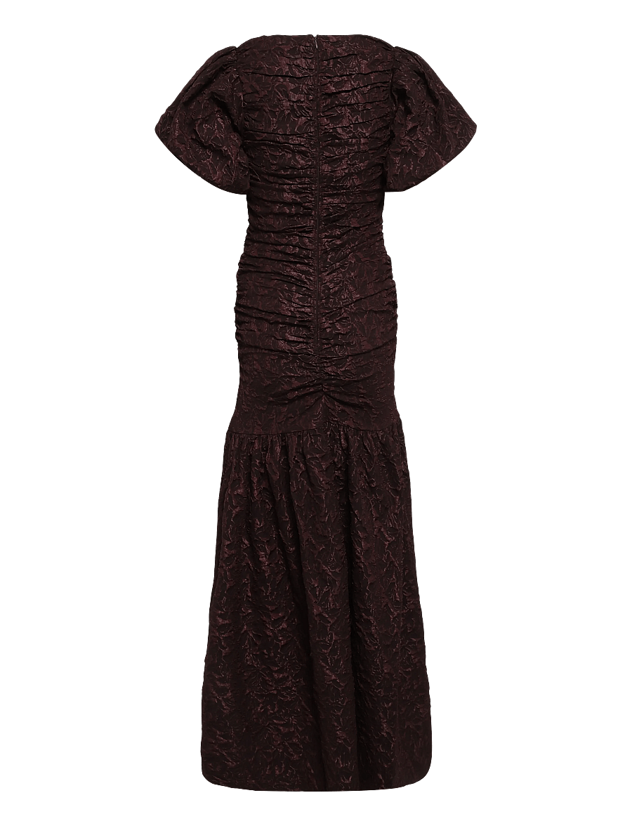 Bubbleroom - Puff Sleeve V-neck Jaqcuard Gown - síðir kjólar - brown - 2