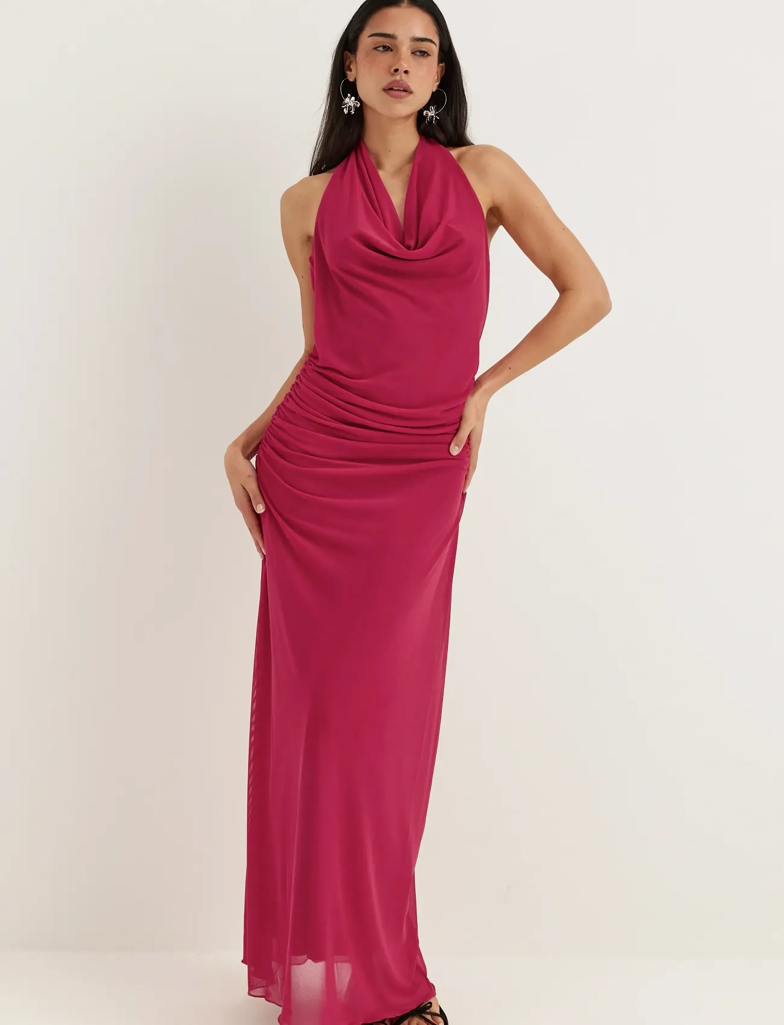 Bubbleroom Drapy Halterneck Mesh Dress, M, Red, Kjoler > Maxikjole, Dame