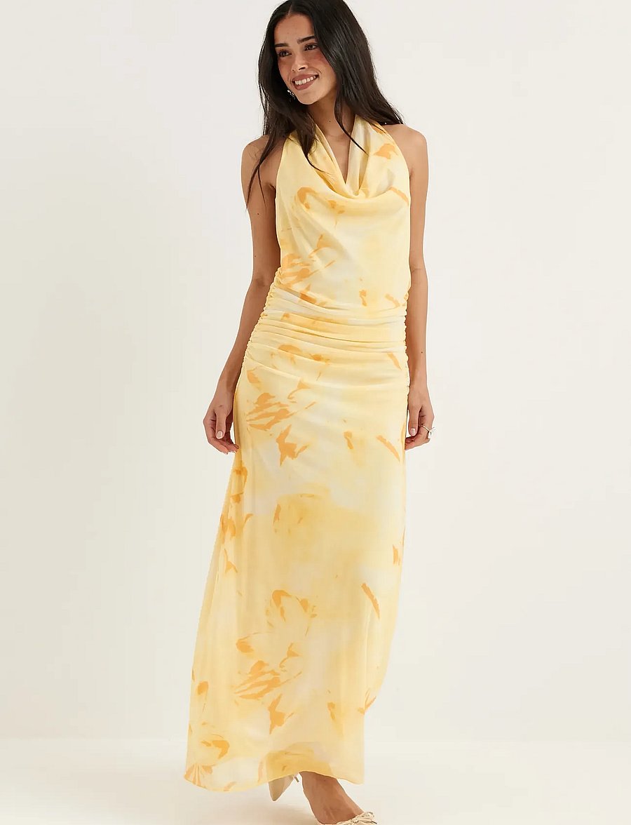 Bubbleroom - Drapy Halterneck Mesh Dress - abendkleider - light yellow/patterned - 0