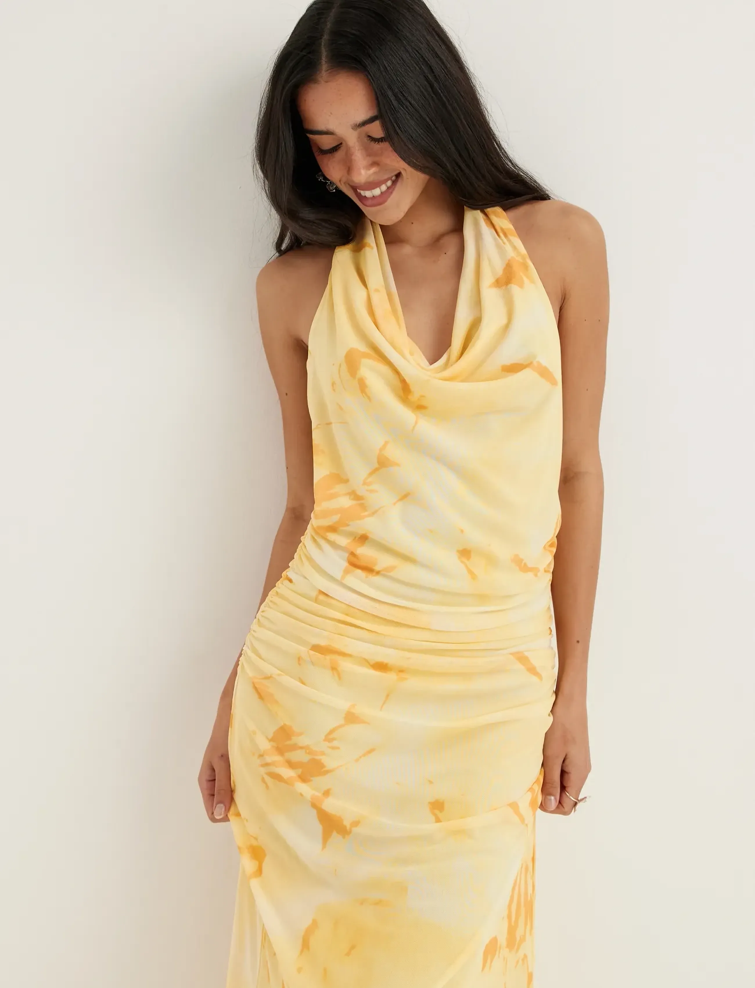 Bubbleroom - Drapy Halterneck Mesh Dress - light yellow/patterned - 3