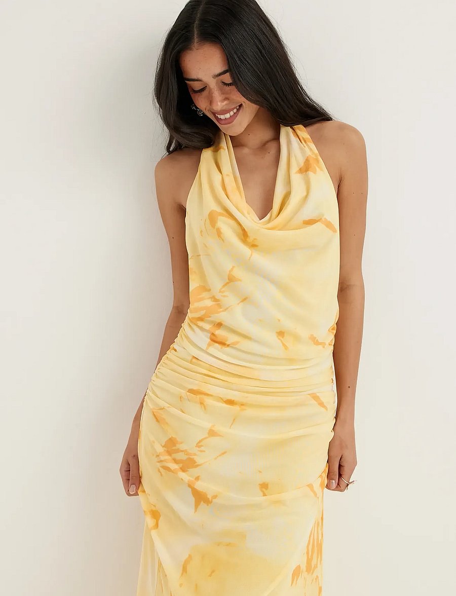 Bubbleroom - Drapy Halterneck Mesh Dress - abendkleider - light yellow/patterned - 3
