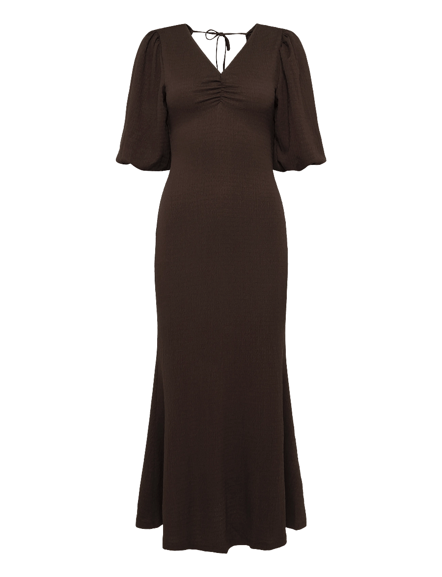 Bubbleroom - Structure Puff Sleeve Dress - maksikleidid - brown - 1