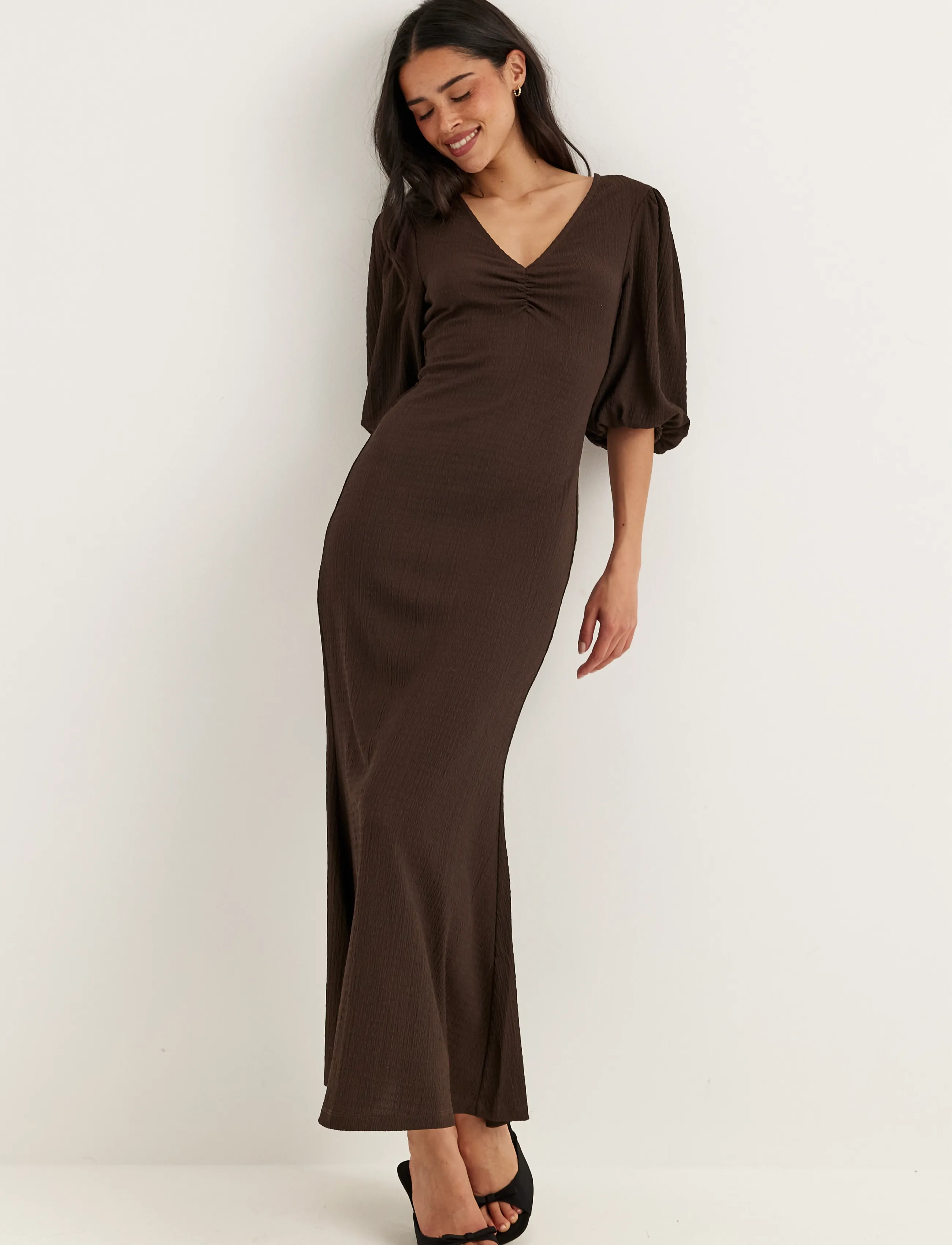 Bubbleroom Structure Puff Sleeve Dress, XL, Brown, Kjoler > Maxikjole, Dame