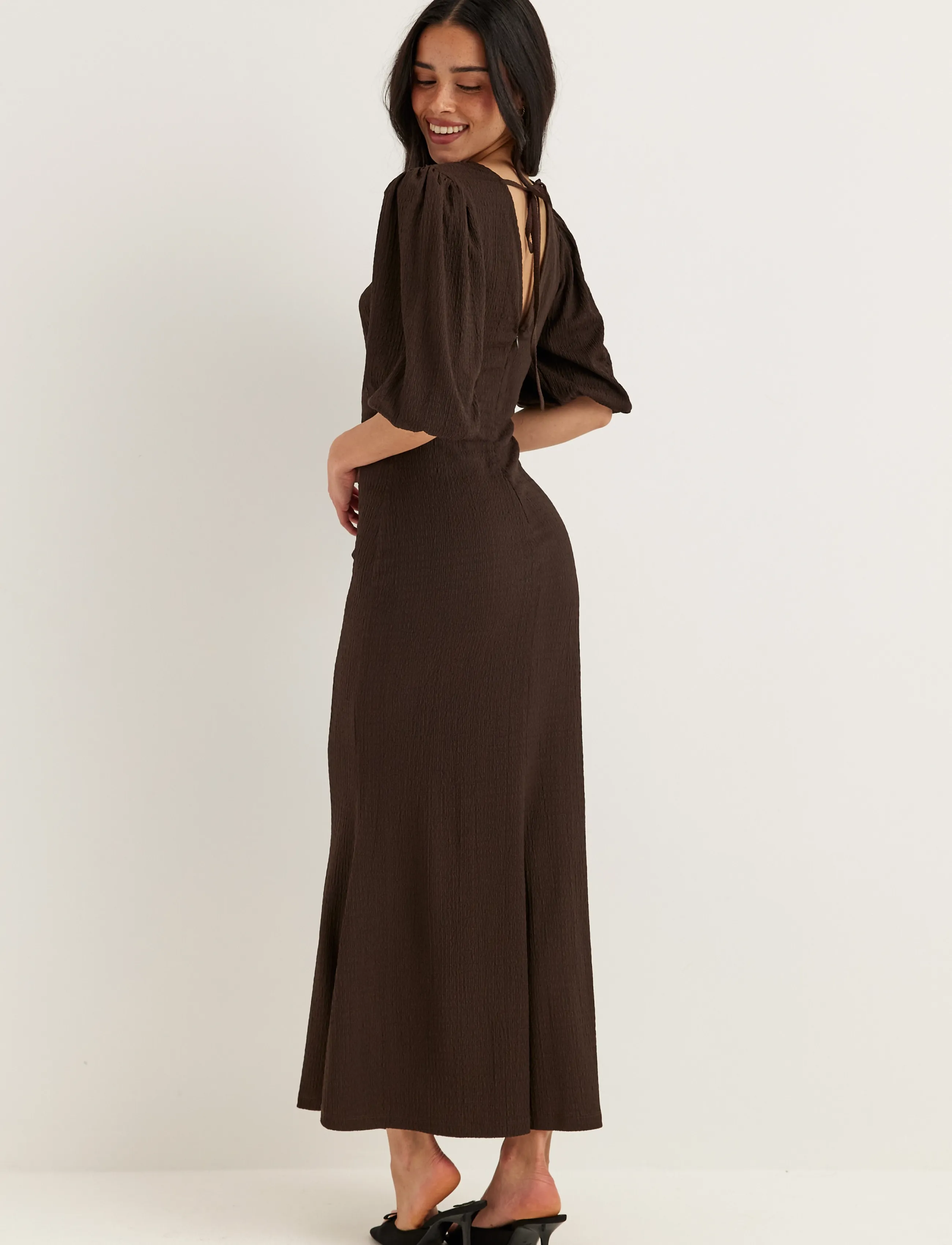 Bubbleroom - Structure Puff Sleeve Dress - maksikleidid - brown - 3