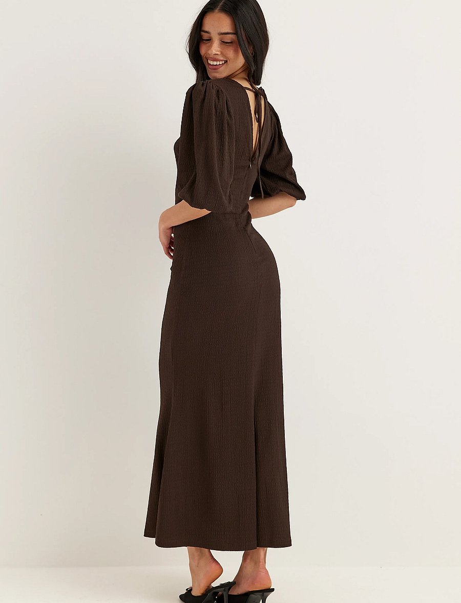 Bubbleroom - Structure Puff Sleeve Dress - maksikleidid - brown - 3