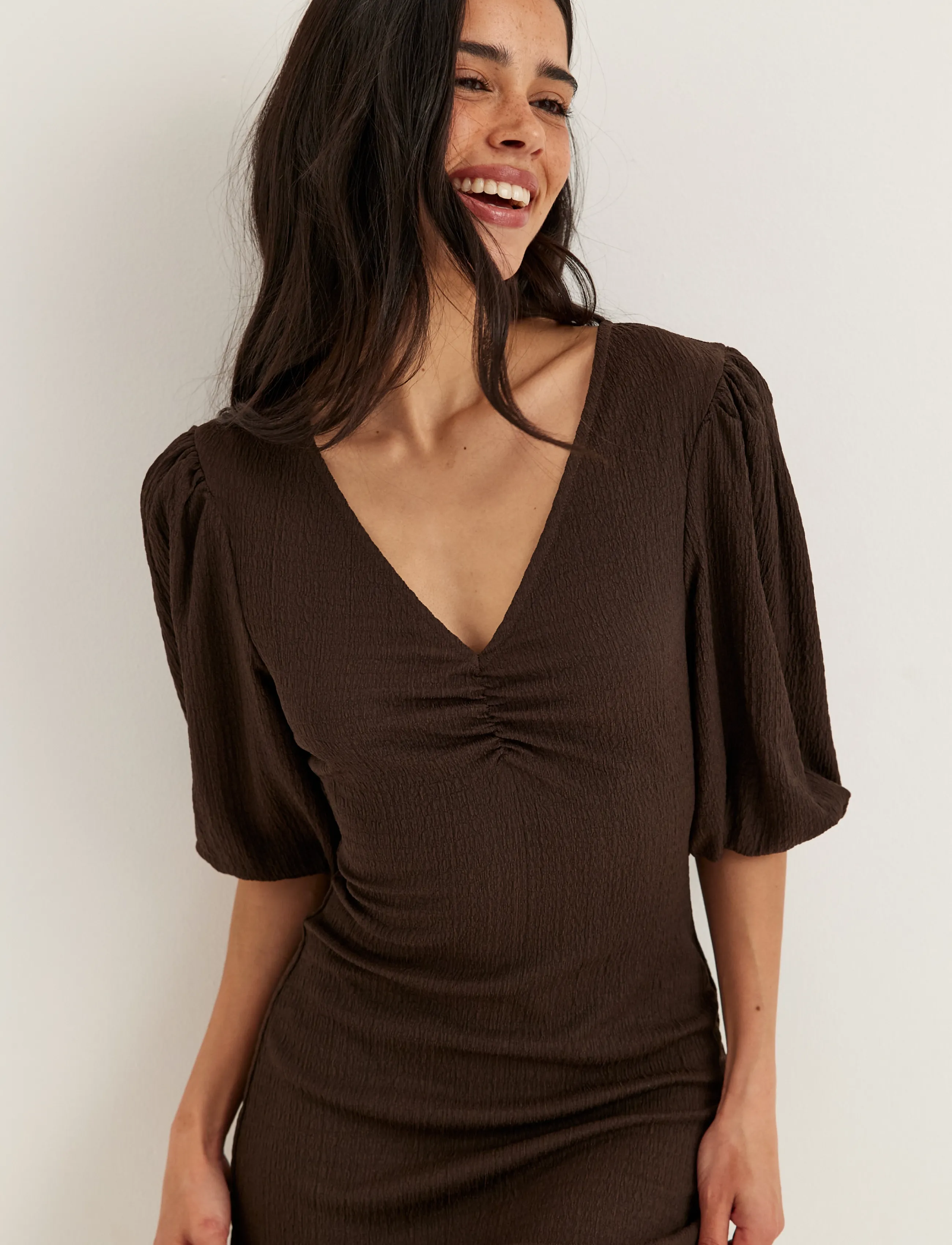 Bubbleroom - Structure Puff Sleeve Dress - maksikleidid - brown - 4
