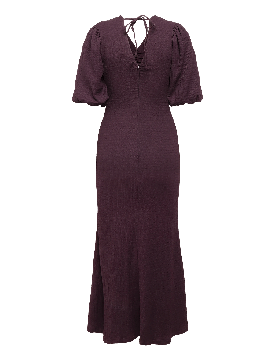 Bubbleroom - Structure Puff Sleeve Dress - maxiklänningar - dark plum - 2