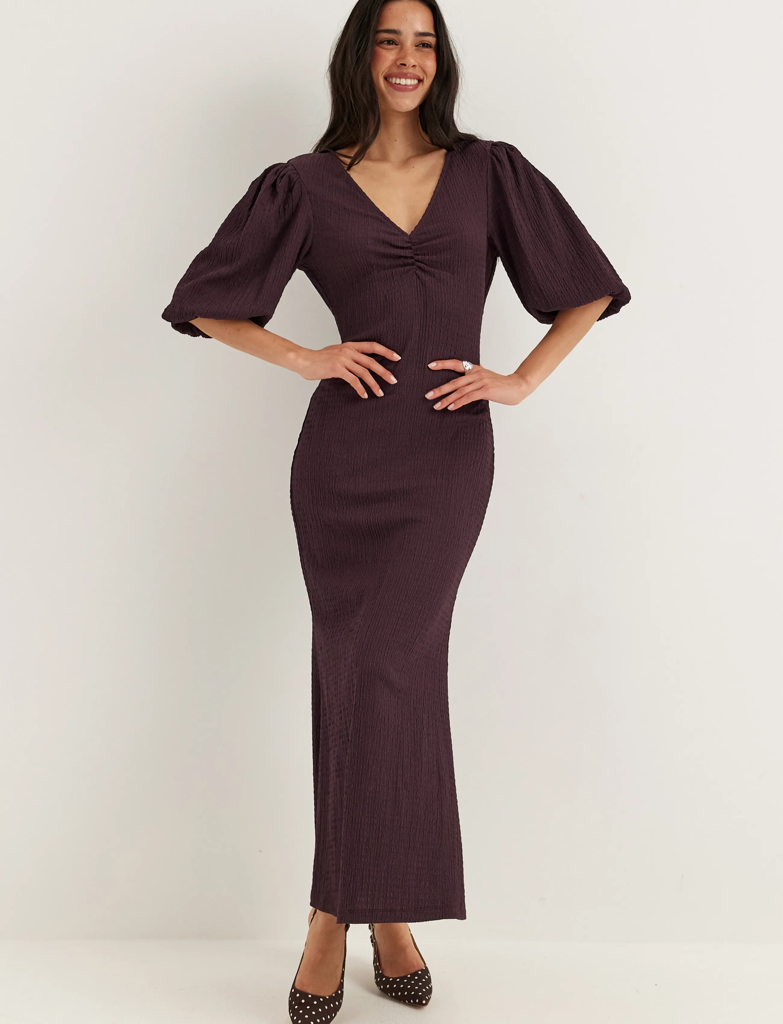 Bubbleroom Structure Puff Sleeve Dress, S, Burgundy, Kjoler > Maxikjole, Dame