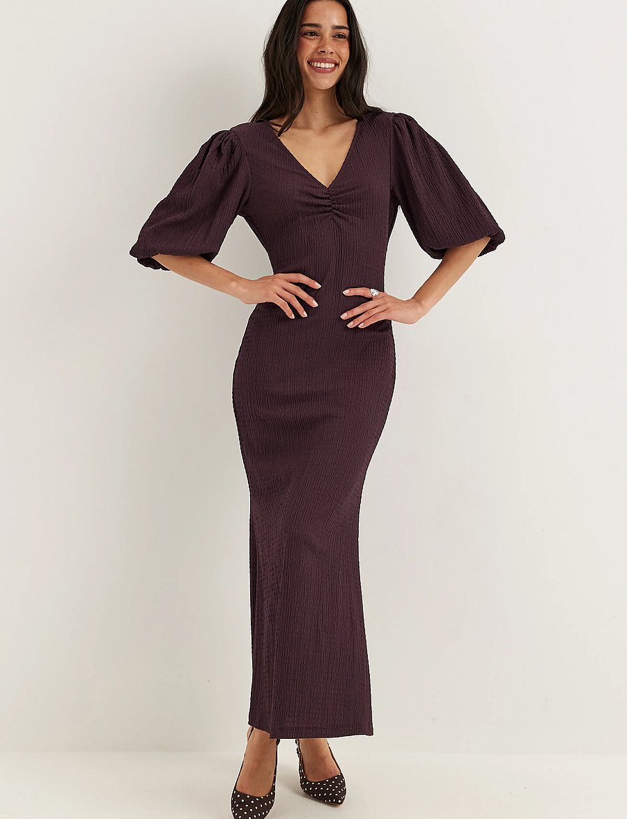 Bubbleroom - Structure Puff Sleeve Dress - maxiklänningar - dark plum - 0
