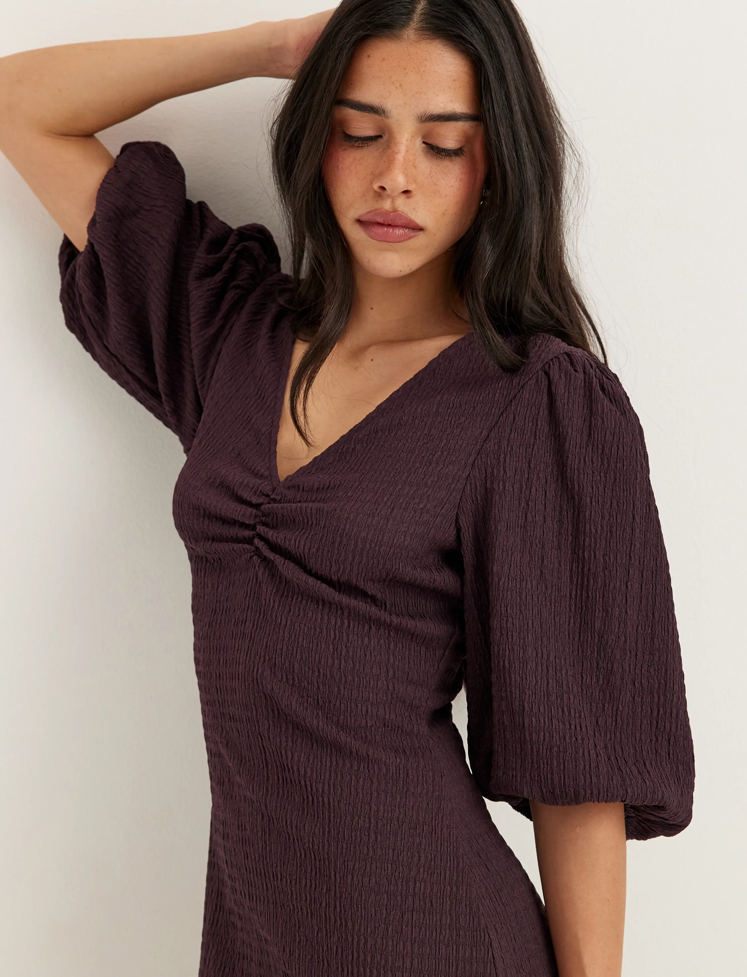 Bubbleroom - Structure Puff Sleeve Dress - maxiklänningar - dark plum - 3