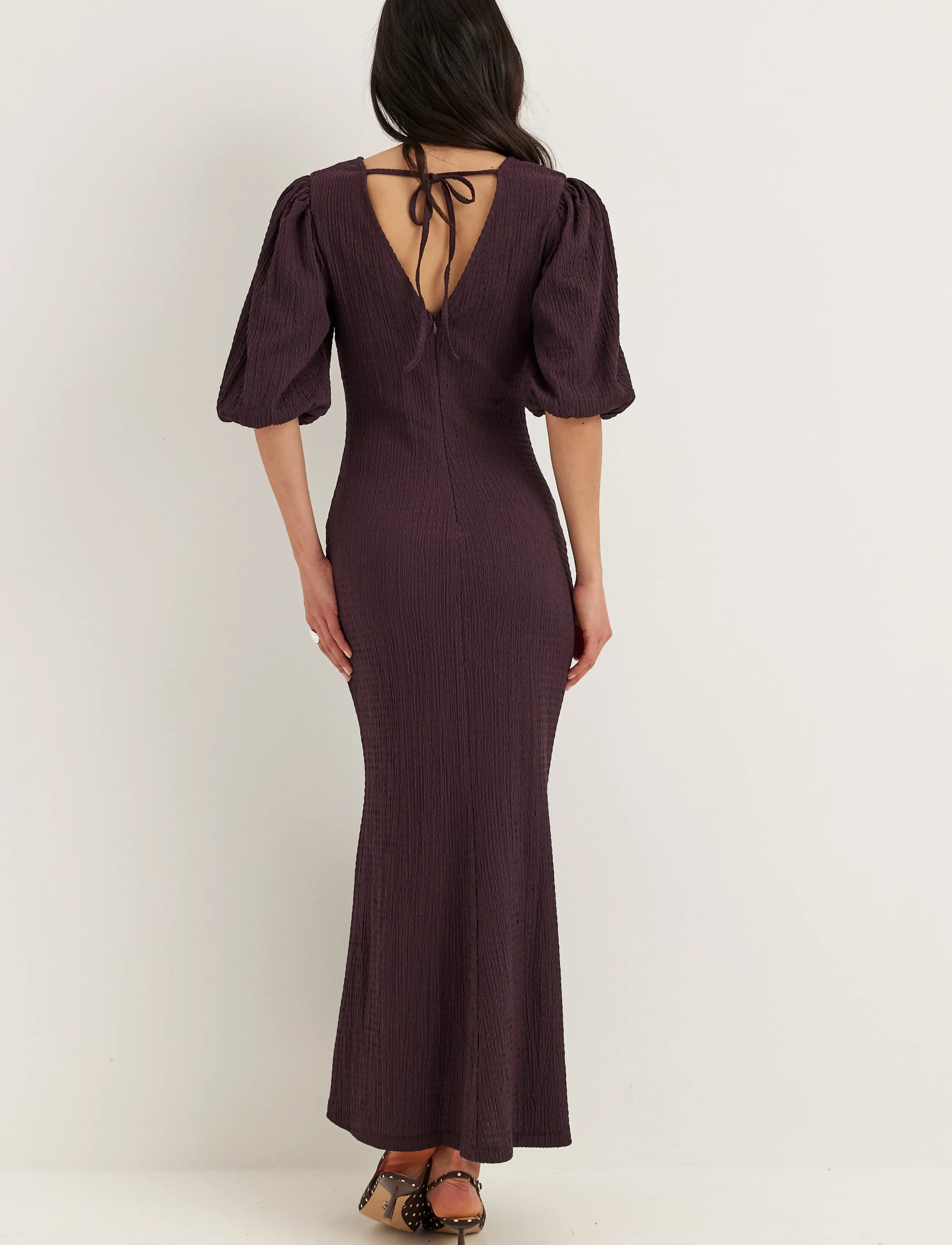 Bubbleroom - Structure Puff Sleeve Dress - maxiklänningar - dark plum - 4