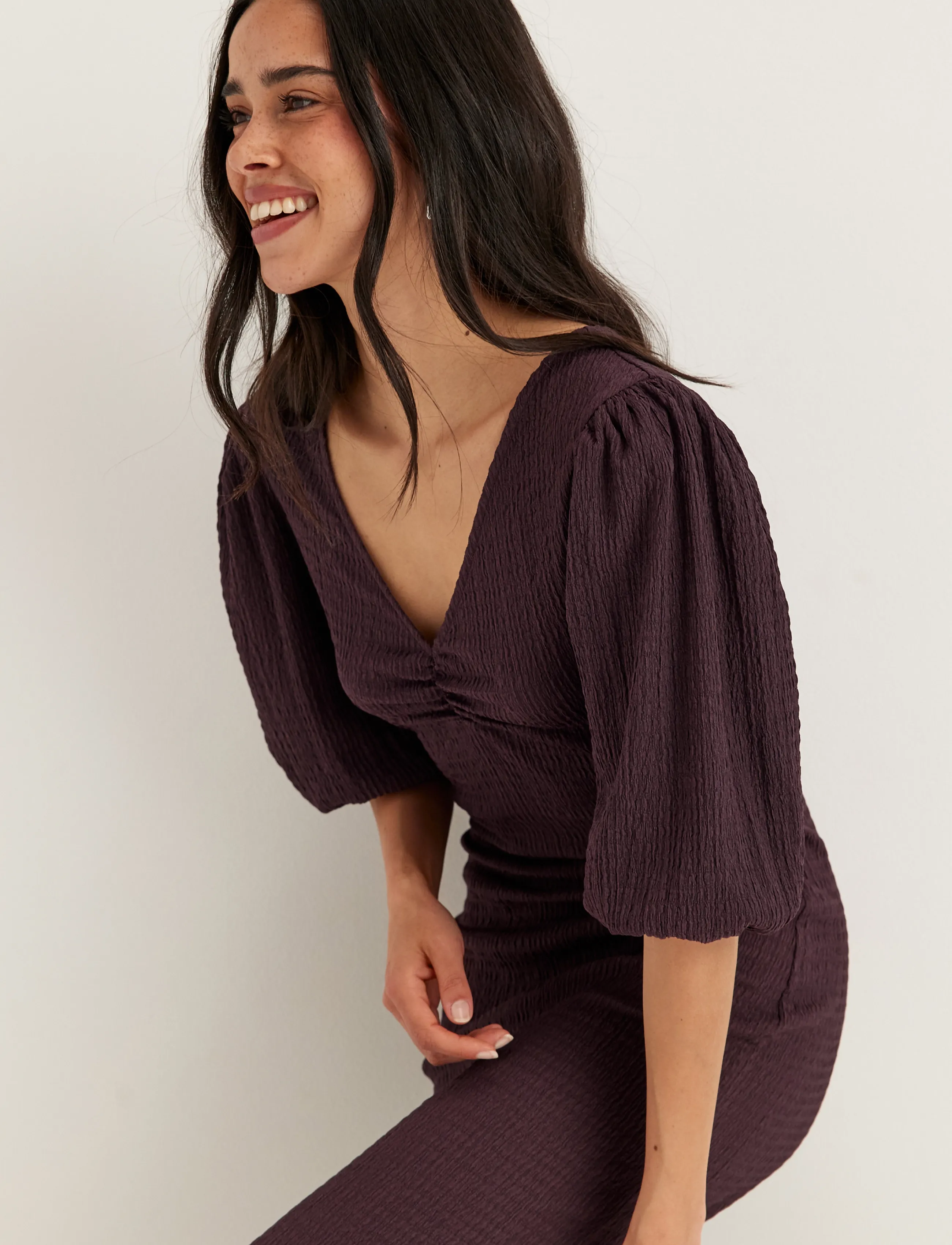 BUBBLEROOM Structure Puff Sleeve Dress midiklänningar dam – bild 6