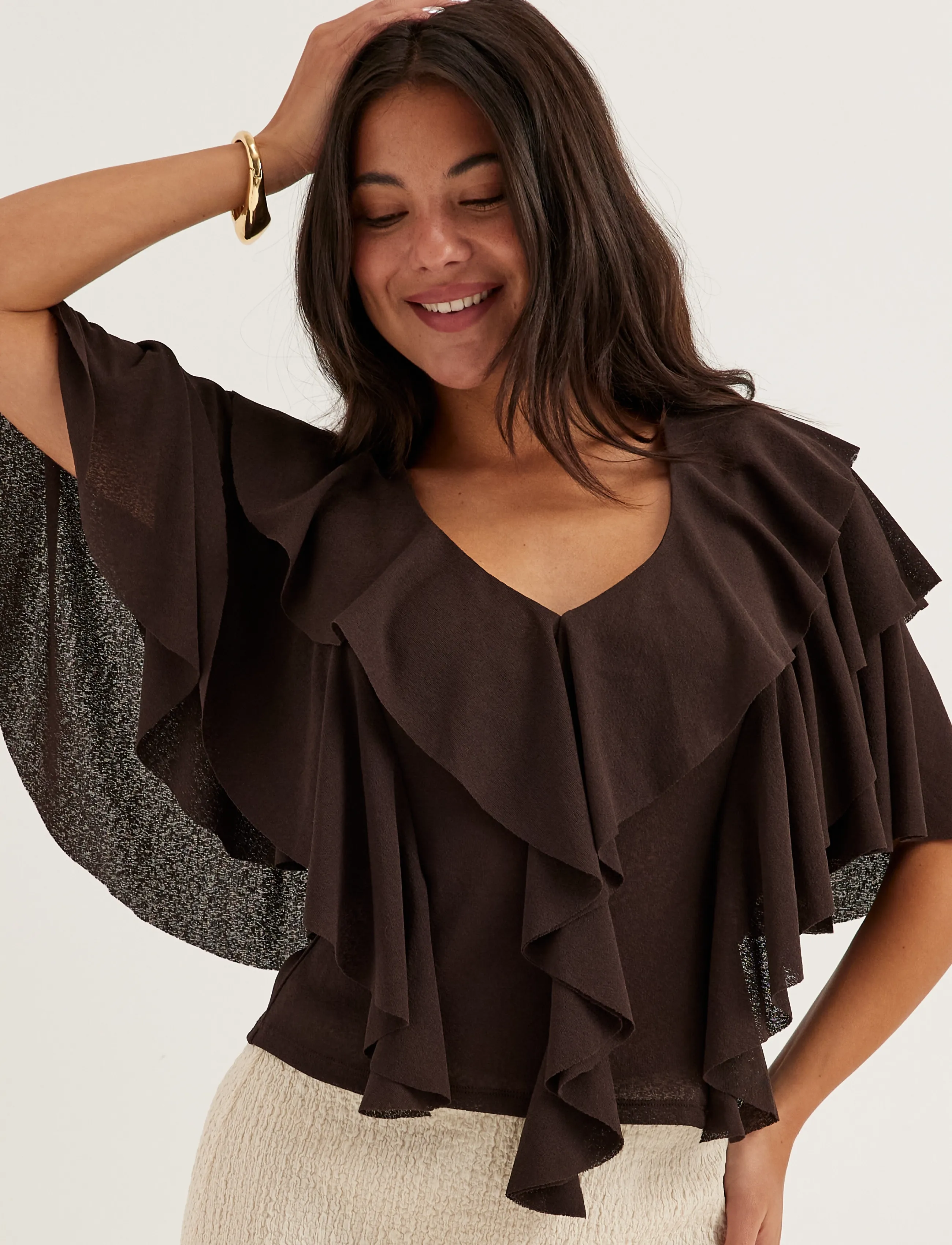 Bubbleroom Flounce Top, XL(48-50), Brown, Bluser > Kortærmede, Dame