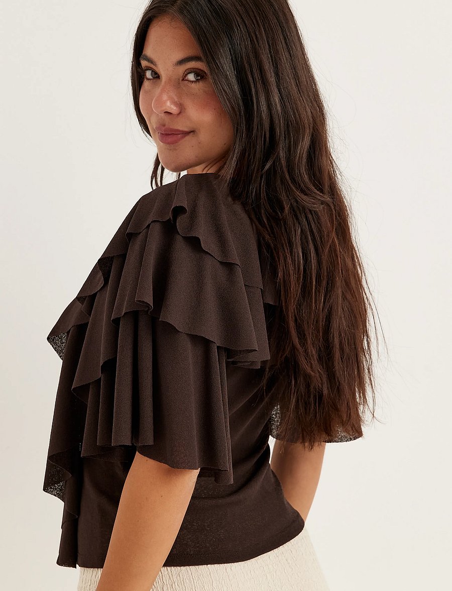Bubbleroom - Flounce Top - kurzärmelige blusen - brown - 3