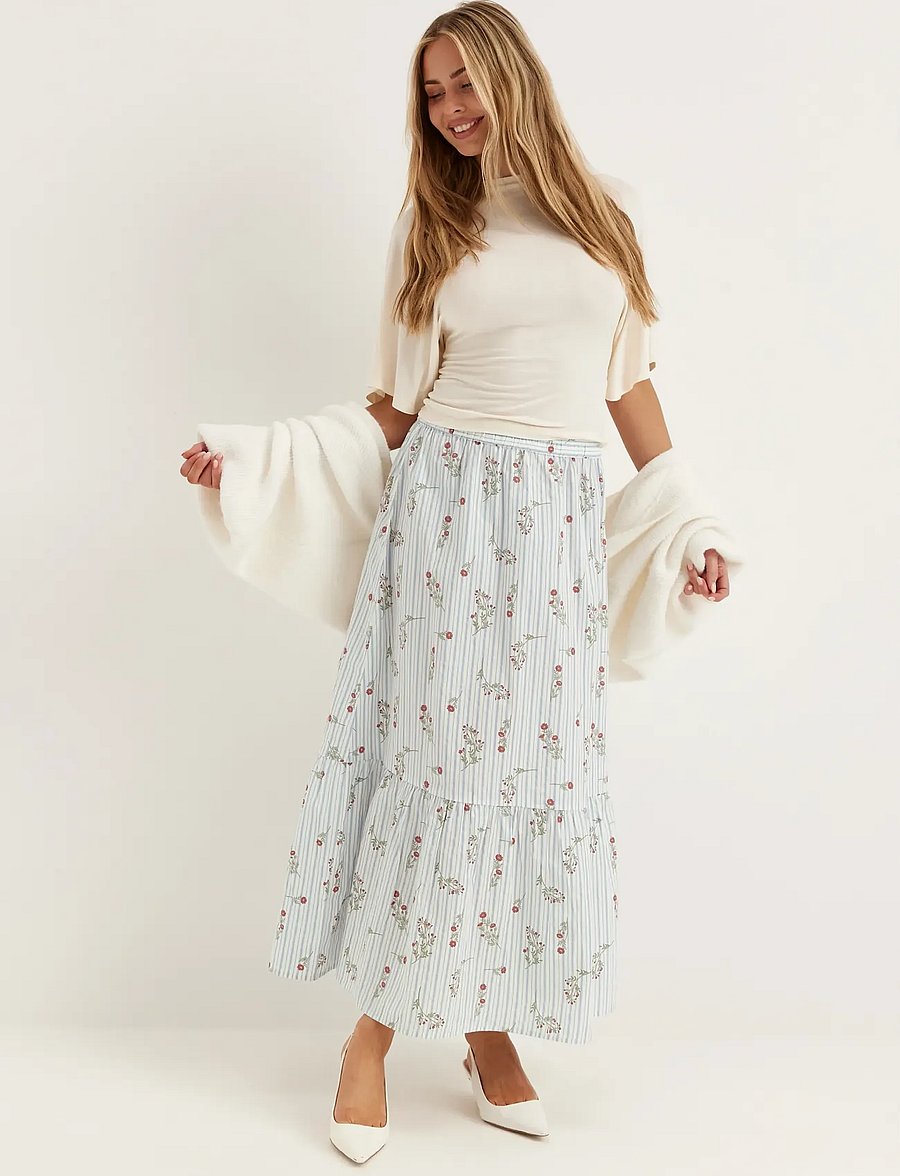 Bubbleroom - Flounce Detail Cotton Skirt - maxi röcke - striped - 4