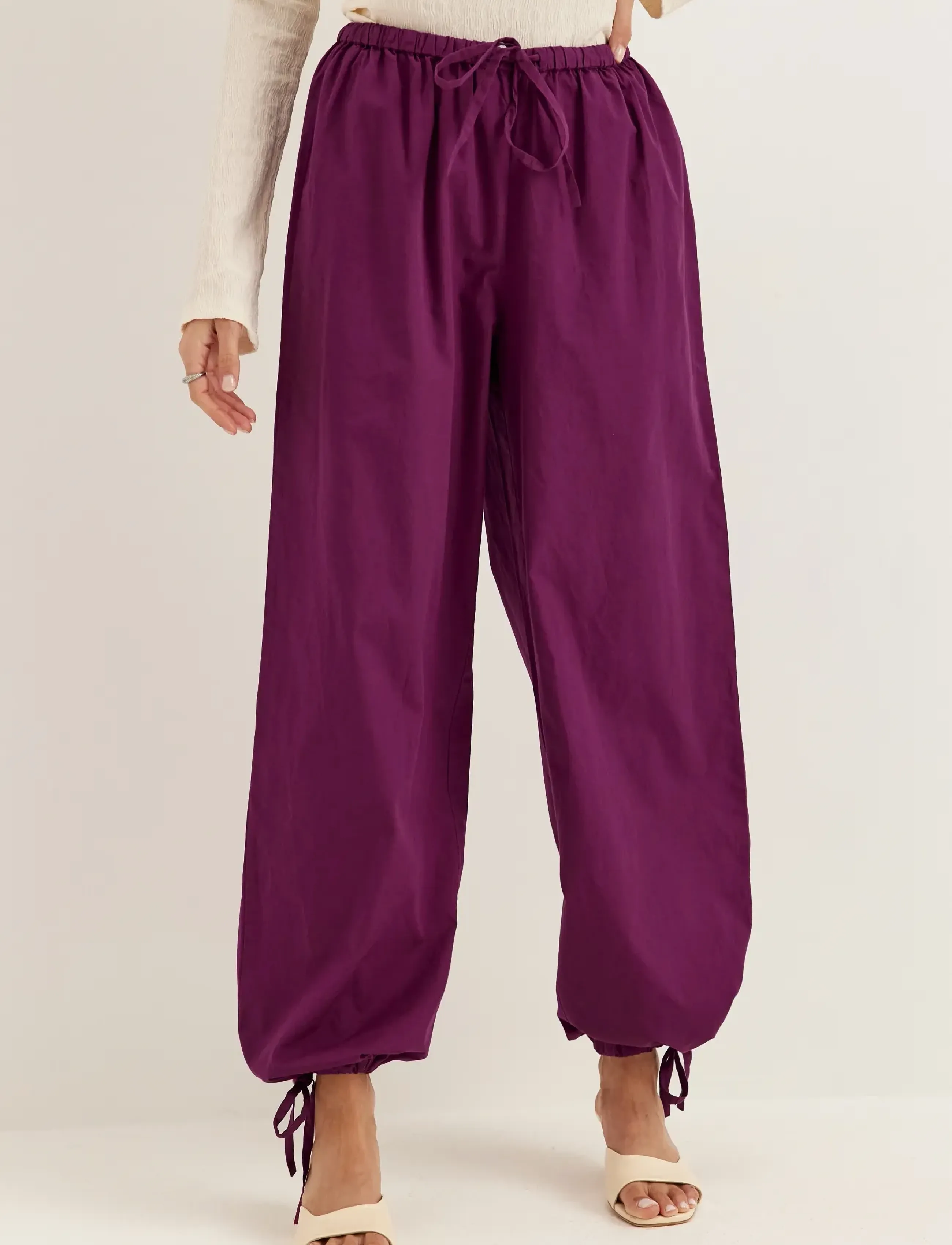 Bubbleroom Tie Detail Cotton Trousers, XS, Purple, Bukser > Brede Ben, Dame