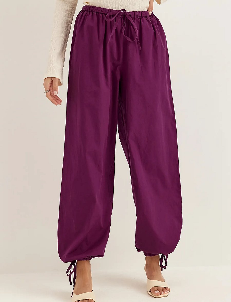 Bubbleroom - Tie Detail Cotton Trousers - bukser med brede ben - dark plum - 0
