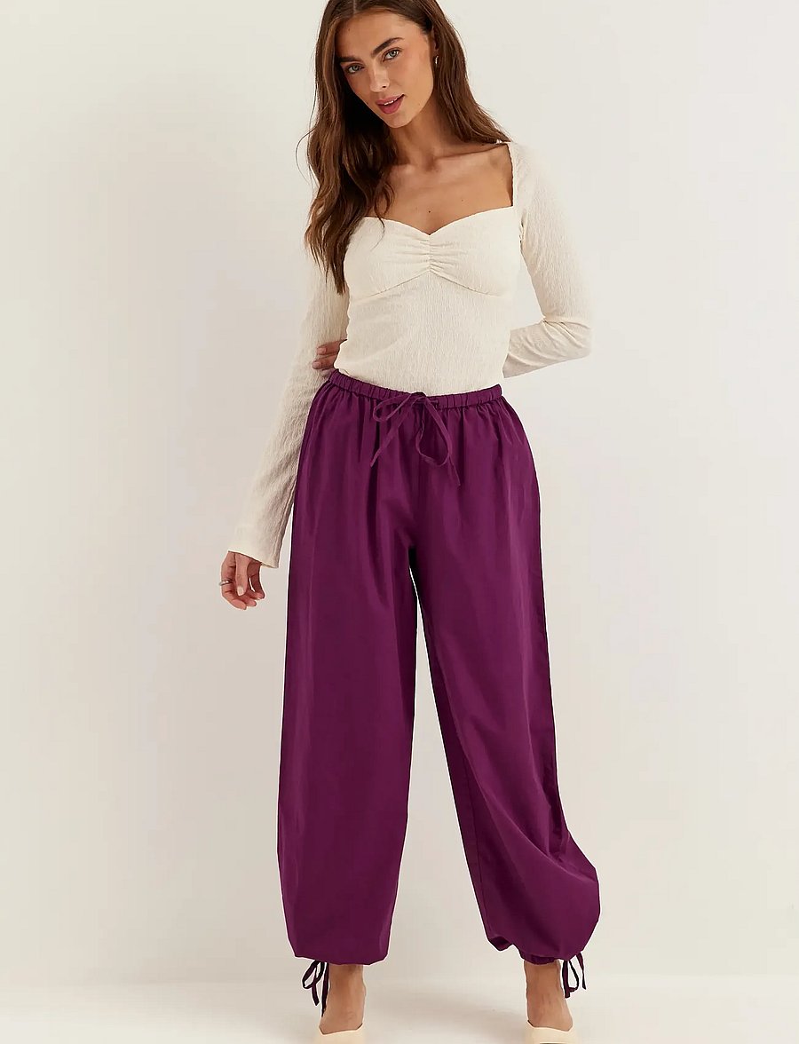 Bubbleroom - Tie Detail Cotton Trousers - bukser med brede ben - dark plum - 3