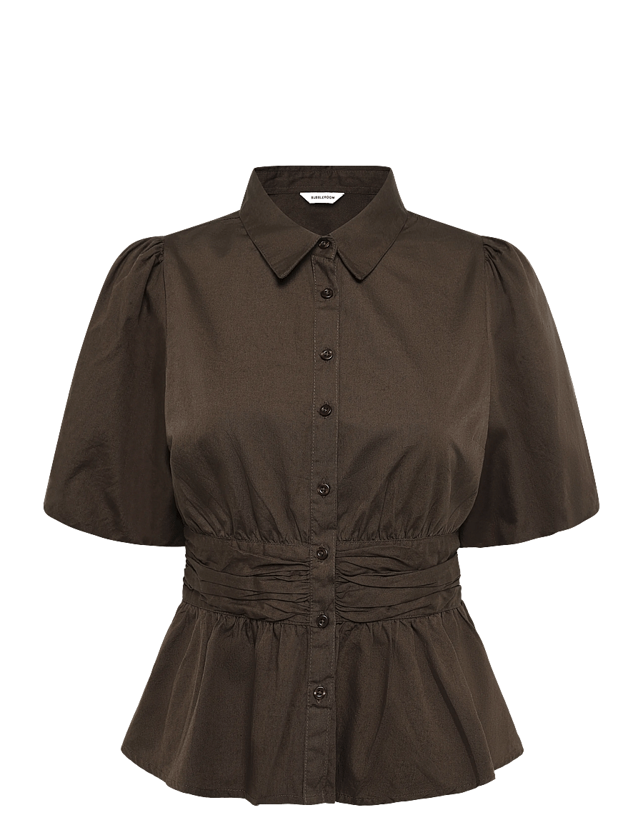 Bubbleroom - Waist Detail Cotton Blouse - kortærmede bluser - brown - 1
