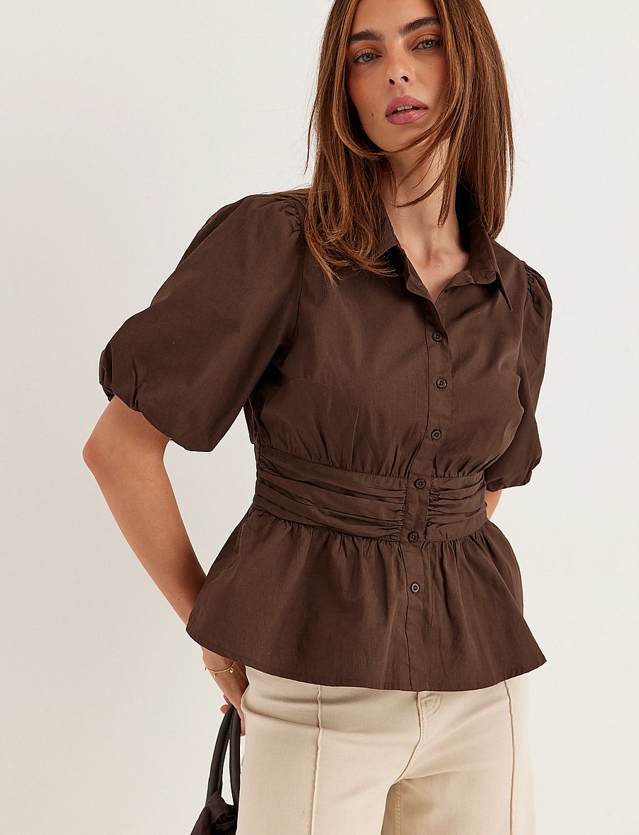 Bubbleroom - Waist Detail Cotton Blouse - kortærmede bluser - brown - 0