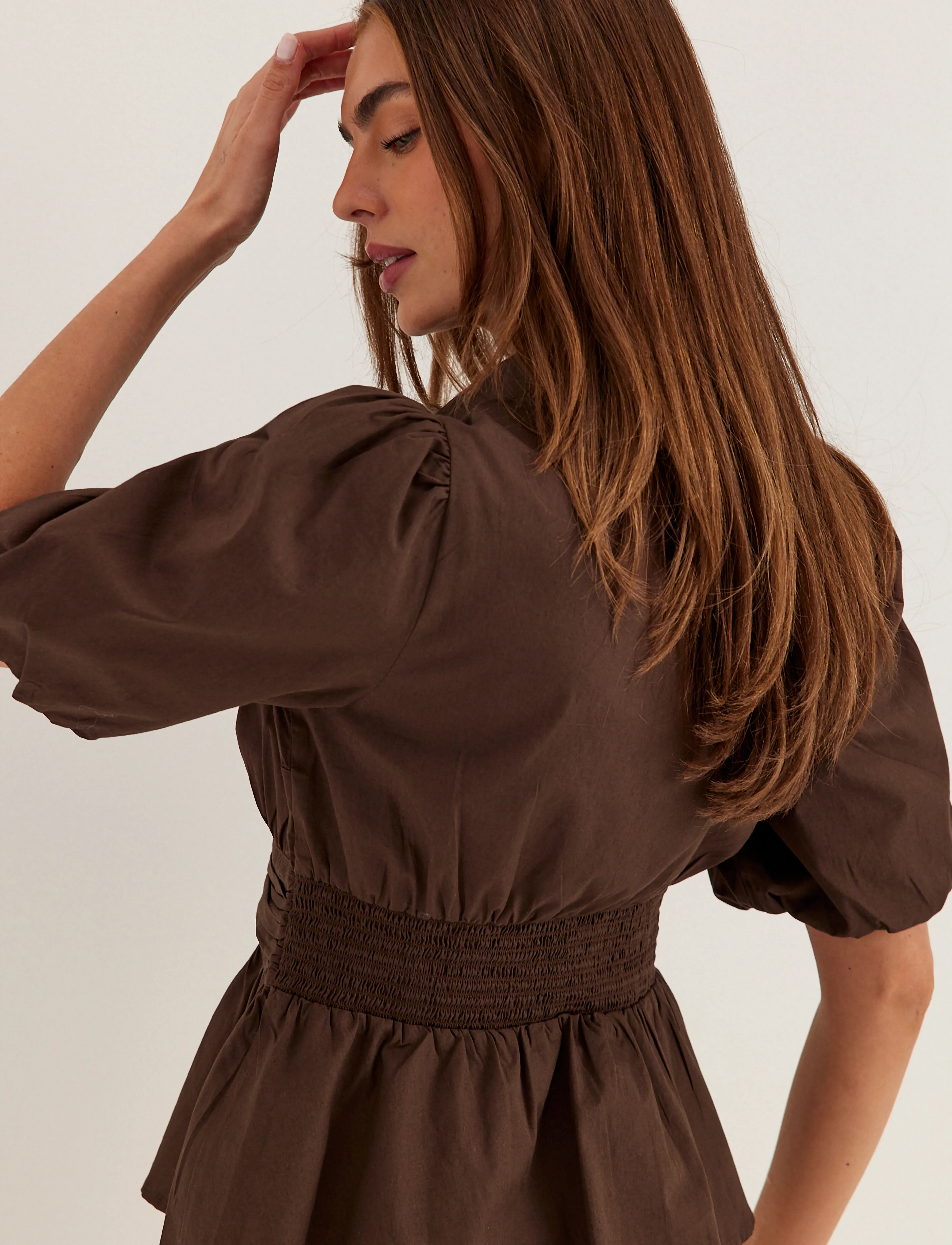 Bubbleroom - Waist Detail Cotton Blouse - lühikeste varrukatega pluusid - brown - 4