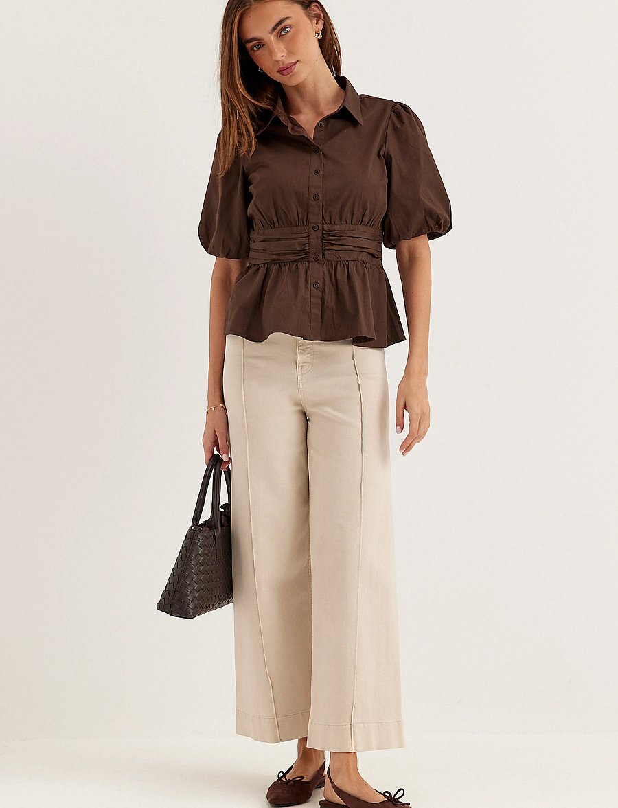 Bubbleroom - Waist Detail Cotton Blouse - kortærmede bluser - brown - 5