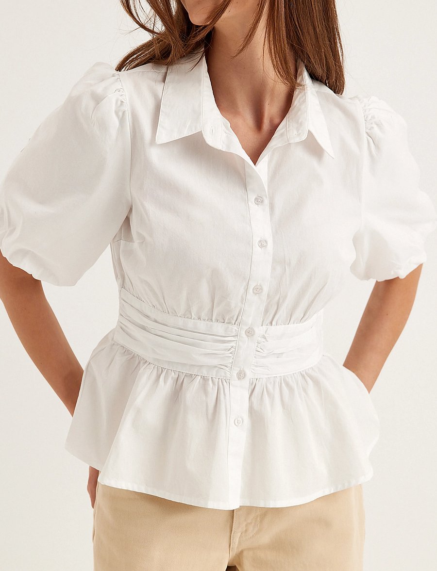 Bubbleroom - Waist Detail Cotton Blouse - kortærmede bluser - white - 0
