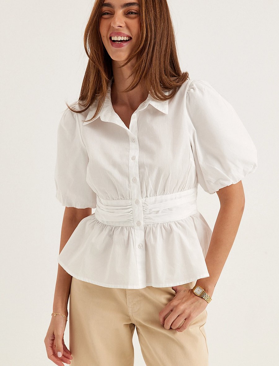Bubbleroom - Waist Detail Cotton Blouse - kortærmede bluser - white - 3