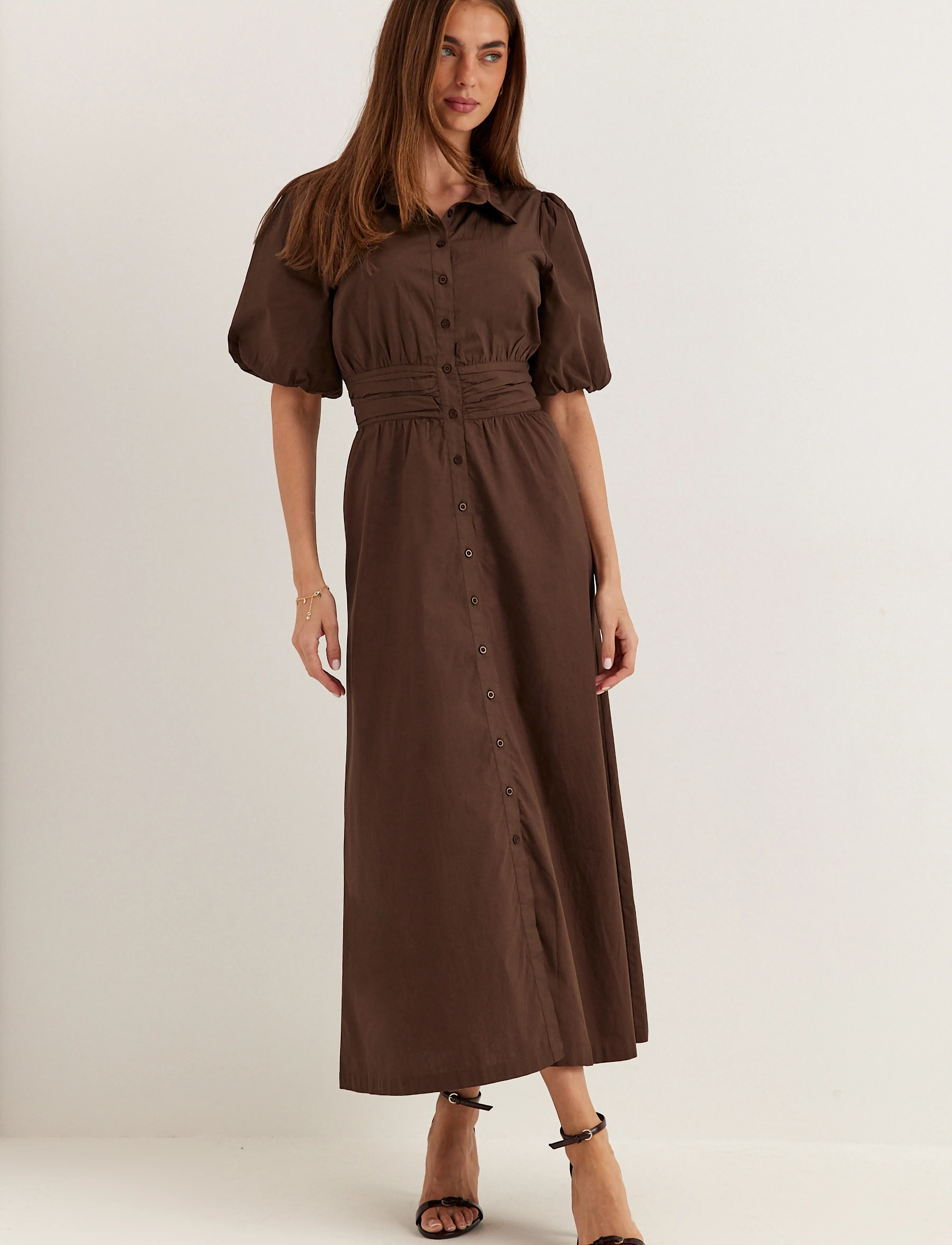 Bubbleroom Waist Detail Cotton Dress, Kvinder, Pufærmet Maxi Skjortekjole, Brun, Str: 38