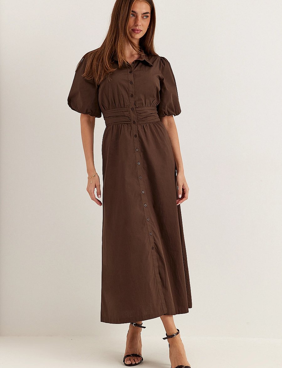 Bubbleroom - Waist Detail Cotton Dress - skjortekjoler - brown - 0