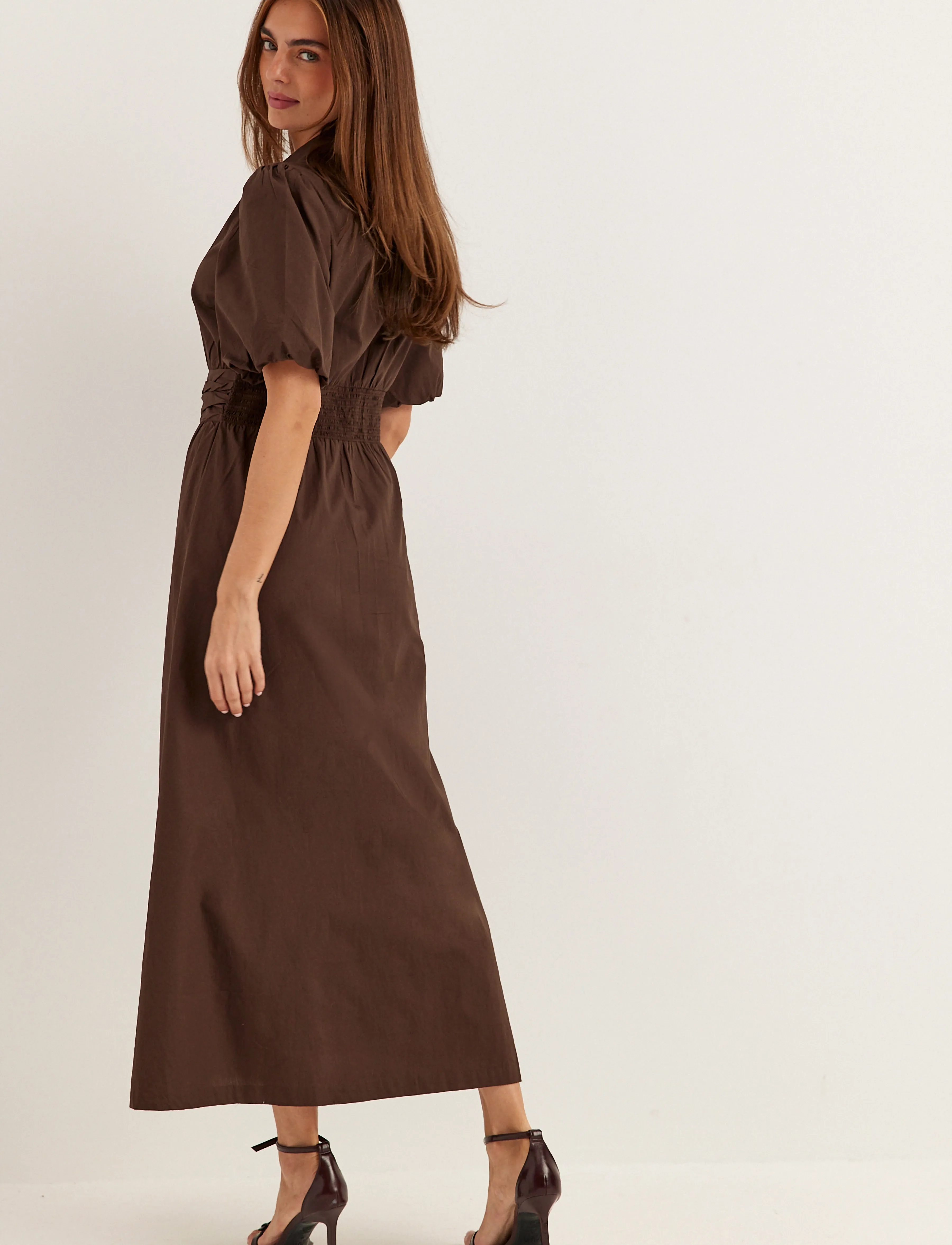 Bubbleroom - Waist Detail Cotton Dress - skjortekjoler - brown - 4