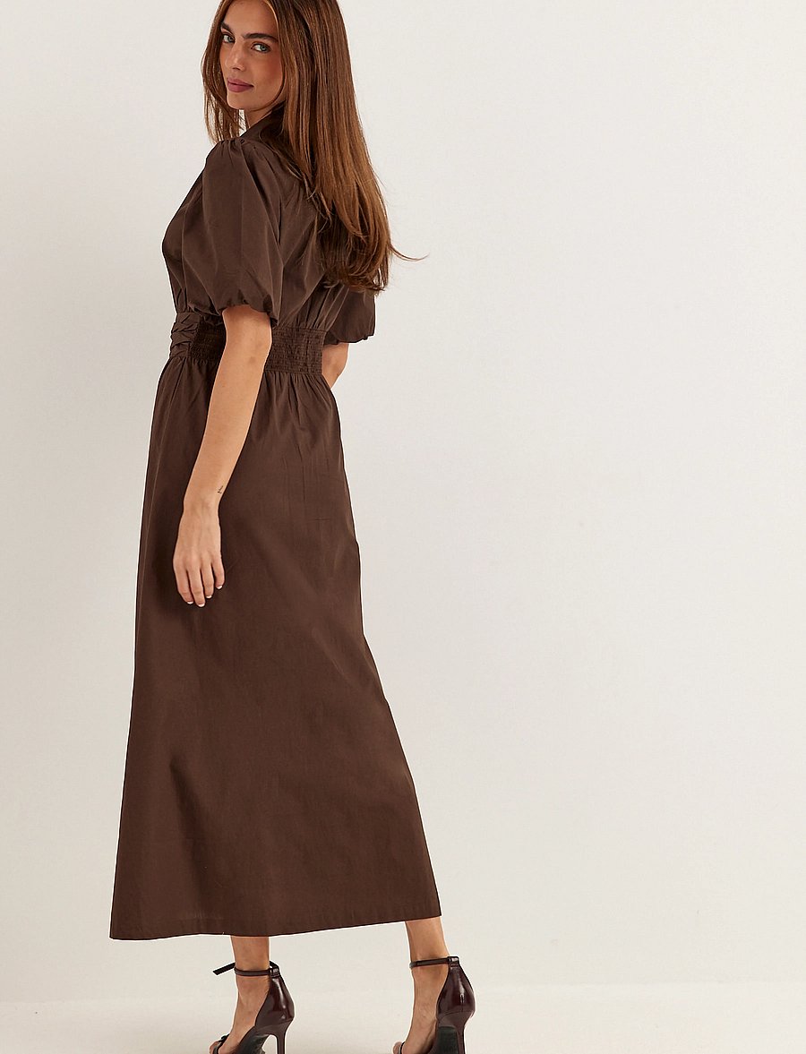 Bubbleroom - Waist Detail Cotton Dress - skjortekjoler - brown - 4