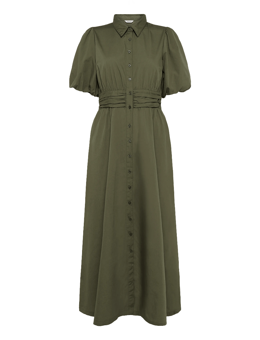 Bubbleroom - Waist Detail Cotton Dress - skjortekjoler - khaki green - 1