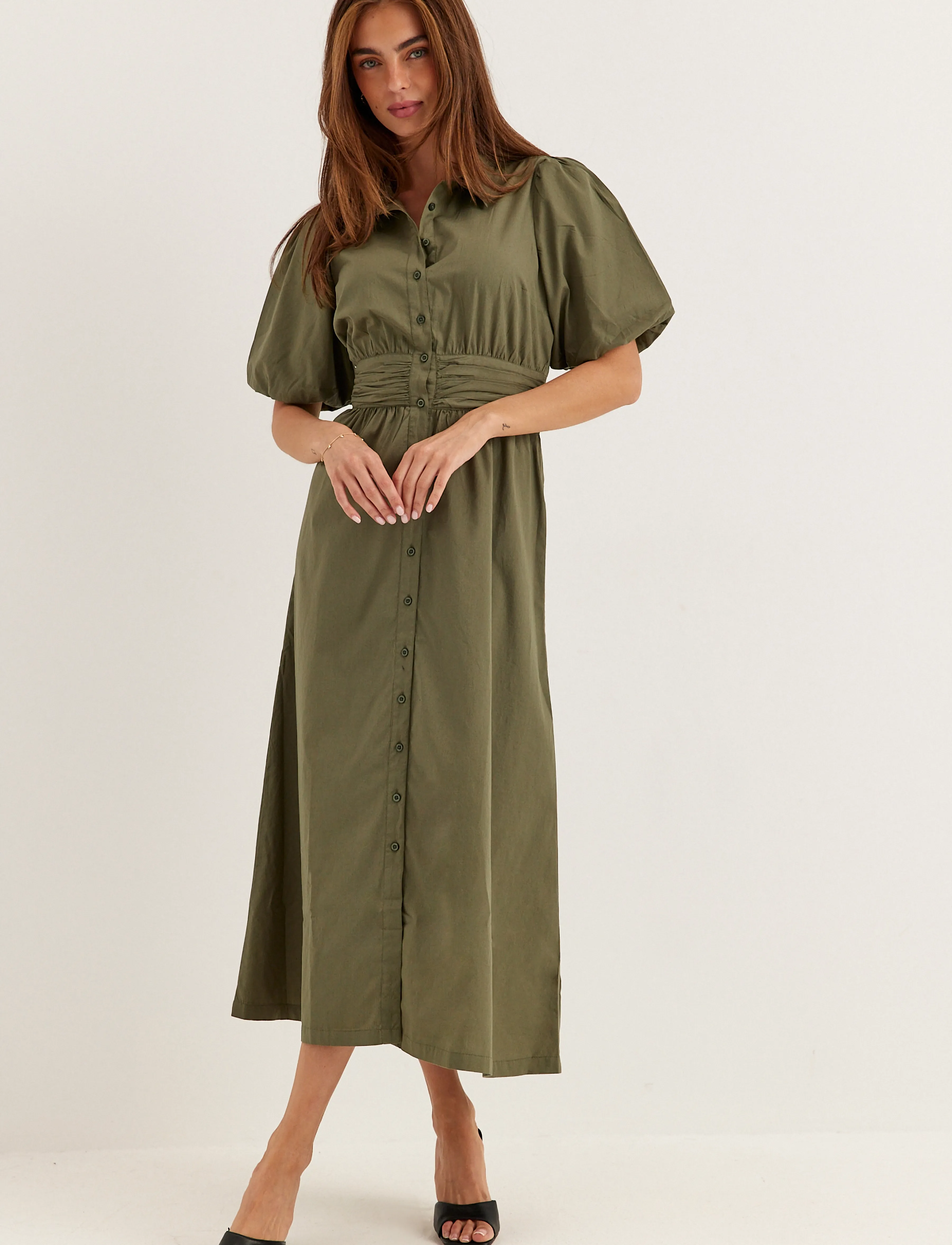 Bubbleroom Waist Detail Cotton Dress, Kvinder, Pufærmet Maxi Skjortekjole, Kakigrøn, Str: 38