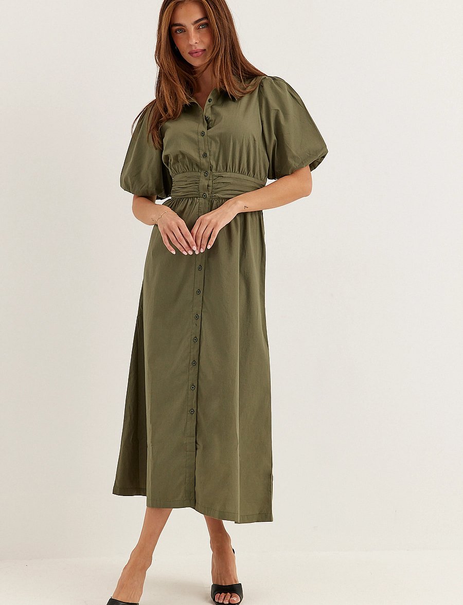 Bubbleroom - Waist Detail Cotton Dress - skjortekjoler - khaki green - 0