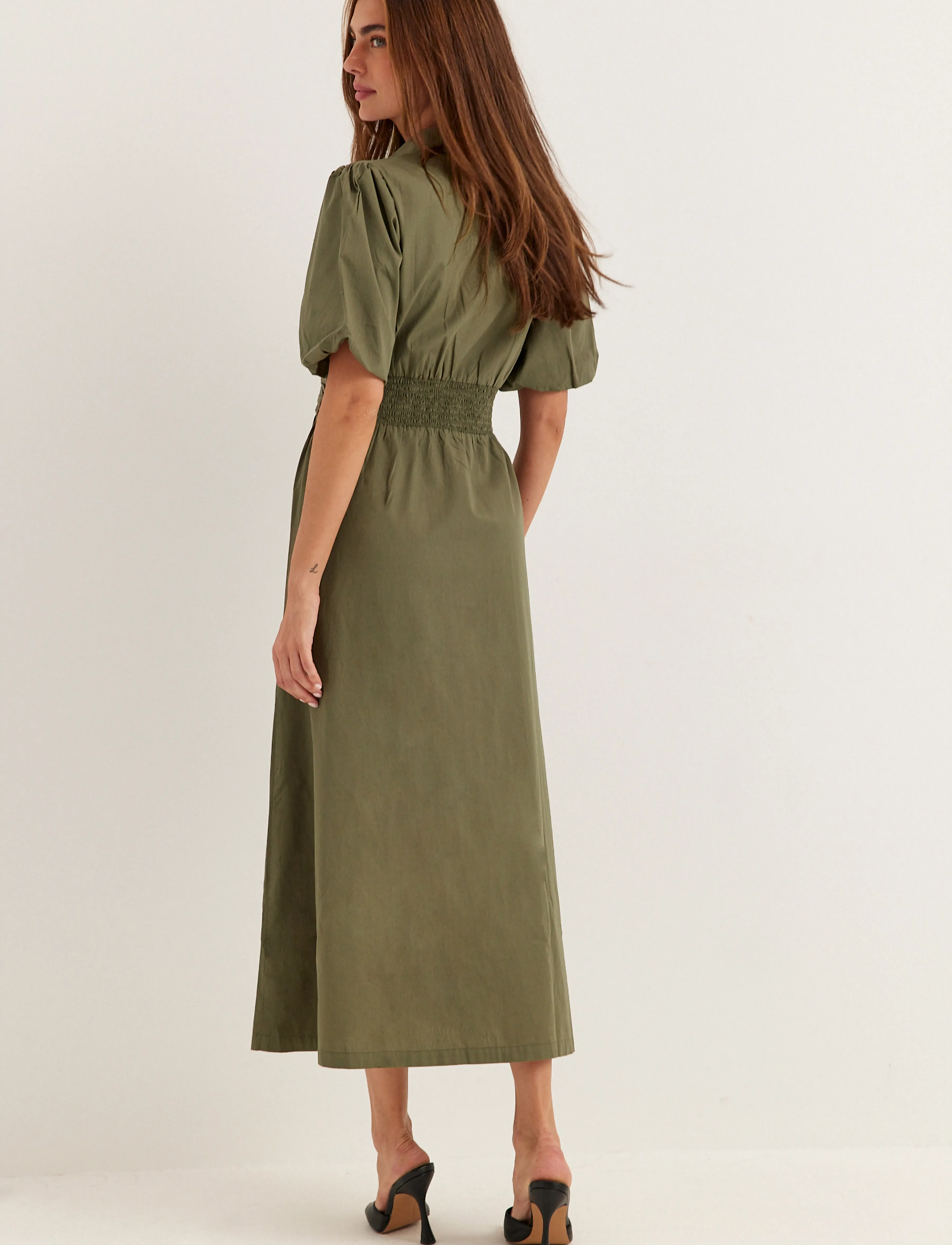 Bubbleroom - Waist Detail Cotton Dress - skjortekjoler - khaki green - 4