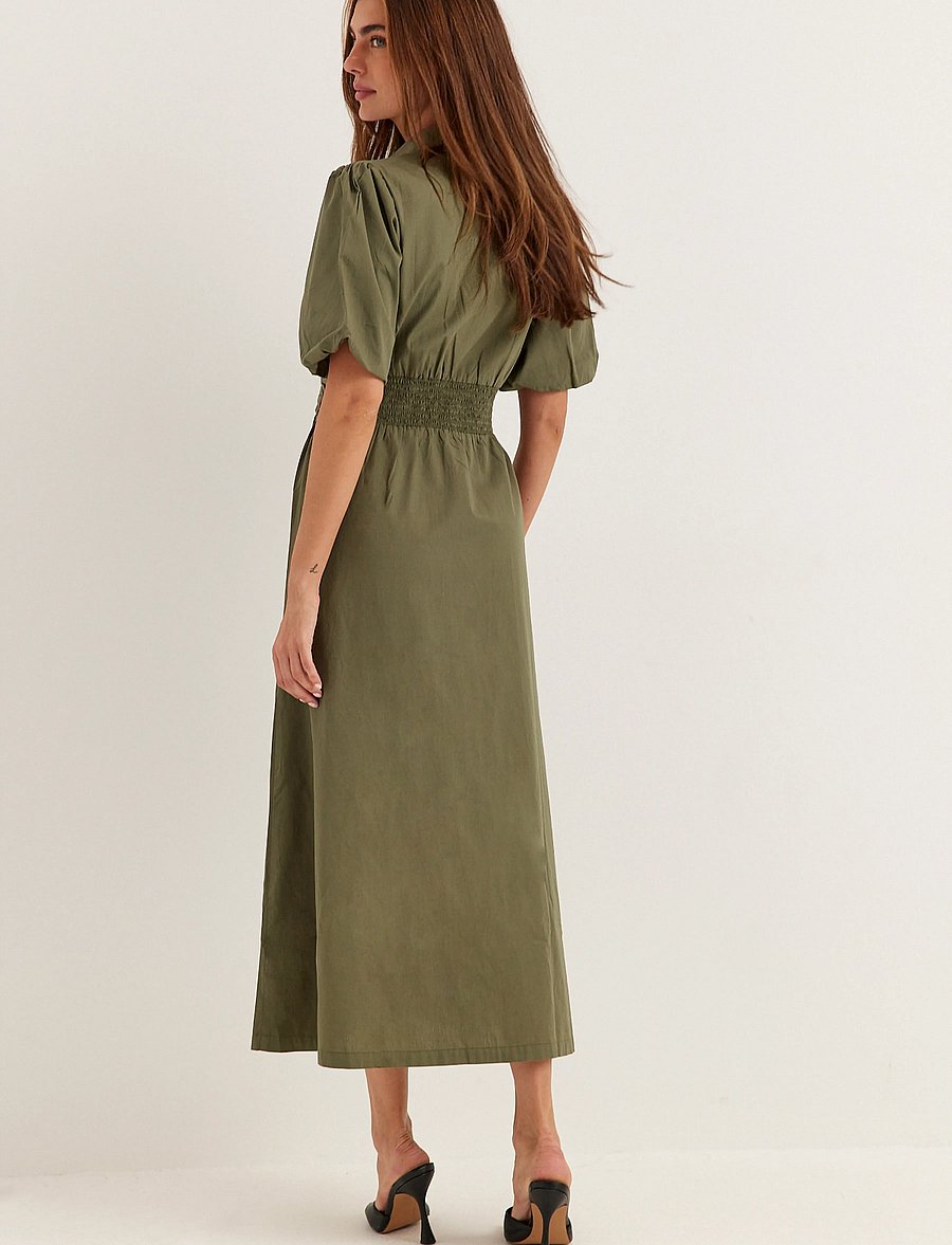 Bubbleroom - Waist Detail Cotton Dress - skjortekjoler - khaki green - 4