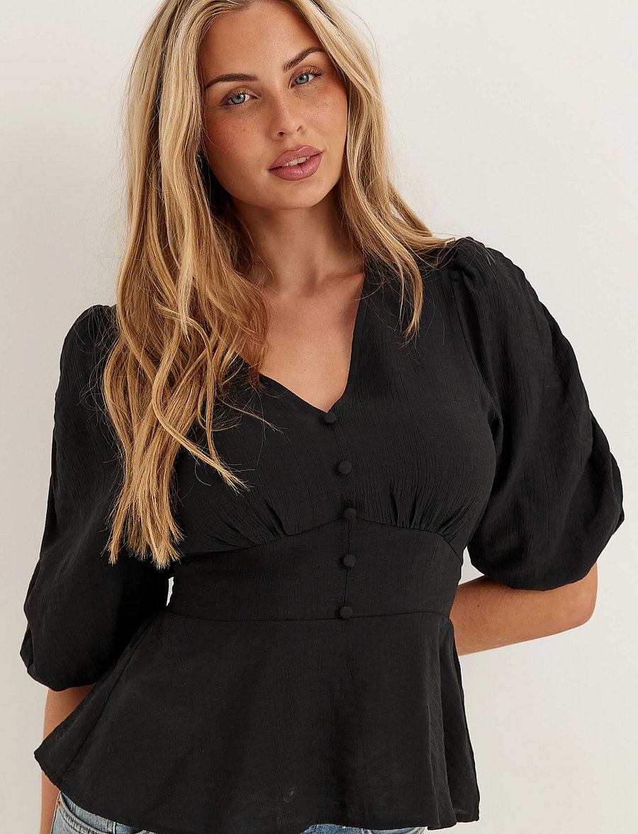 Bubbleroom - Short Sleeve Puff Blouse - kortærmede bluser - black - 3
