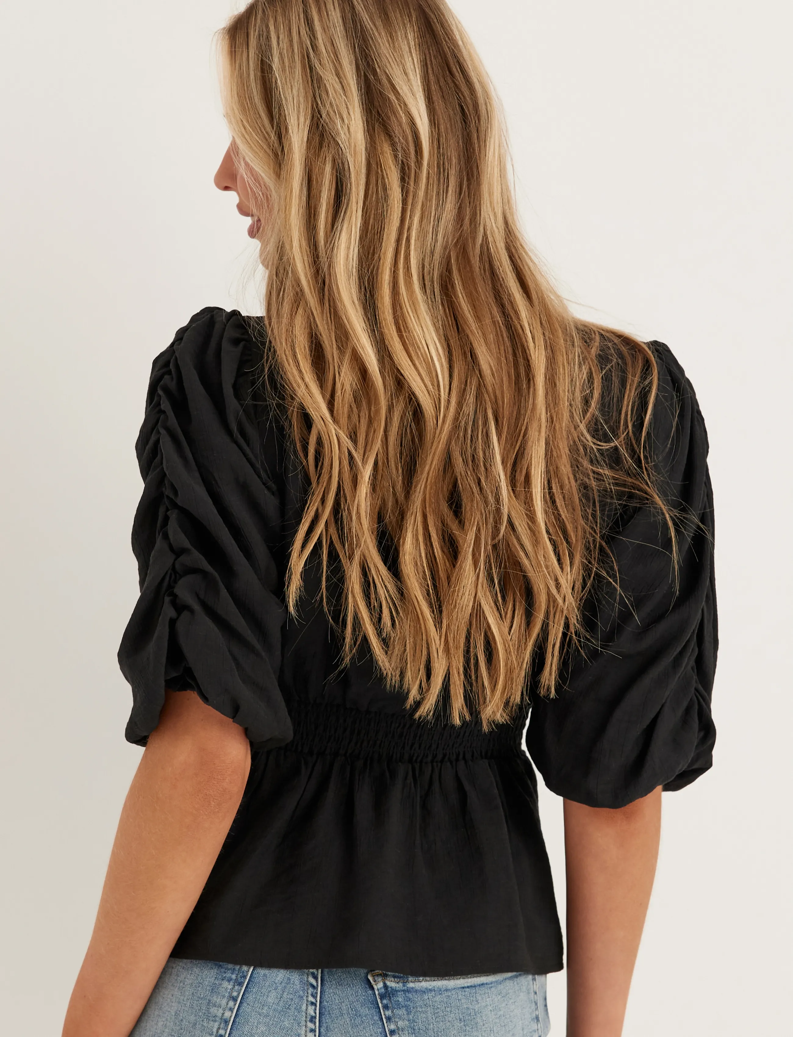 Bubbleroom - Short Sleeve Puff Blouse - black - 4