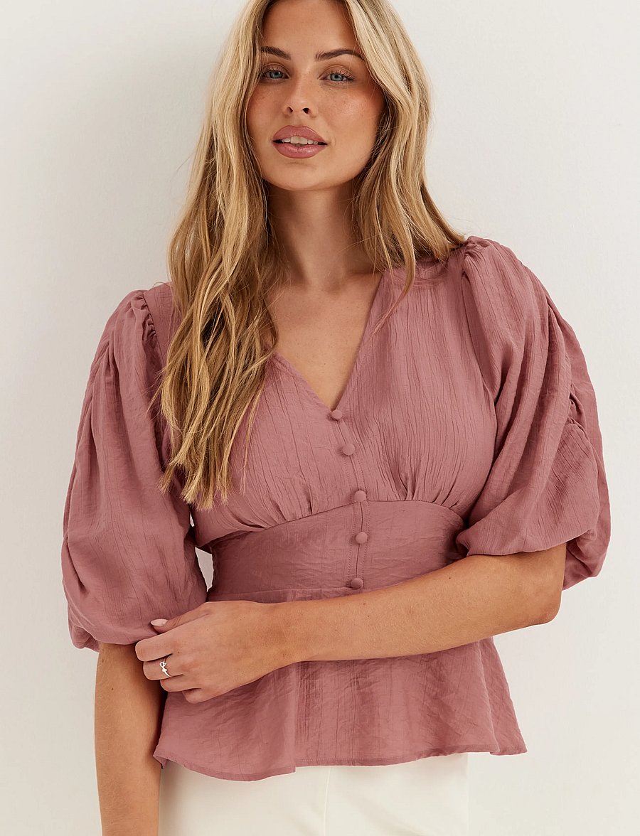 Bubbleroom - Short Sleeve Puff Blouse - kurzärmelige blusen - dark old rose - 3