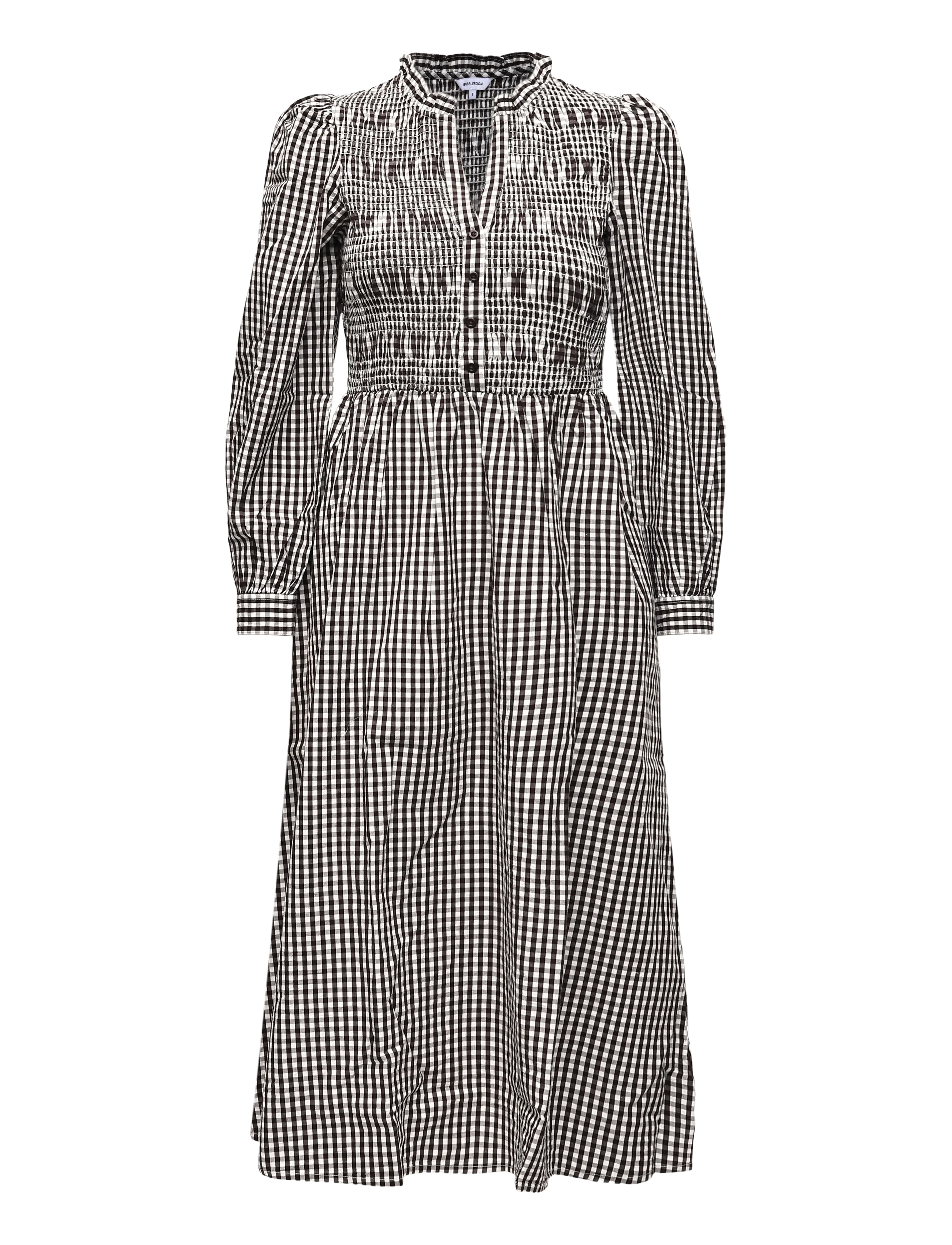 Bubbleroom - V-neck Cotton Smock Dress - suvekleidid - brown/checked - 1