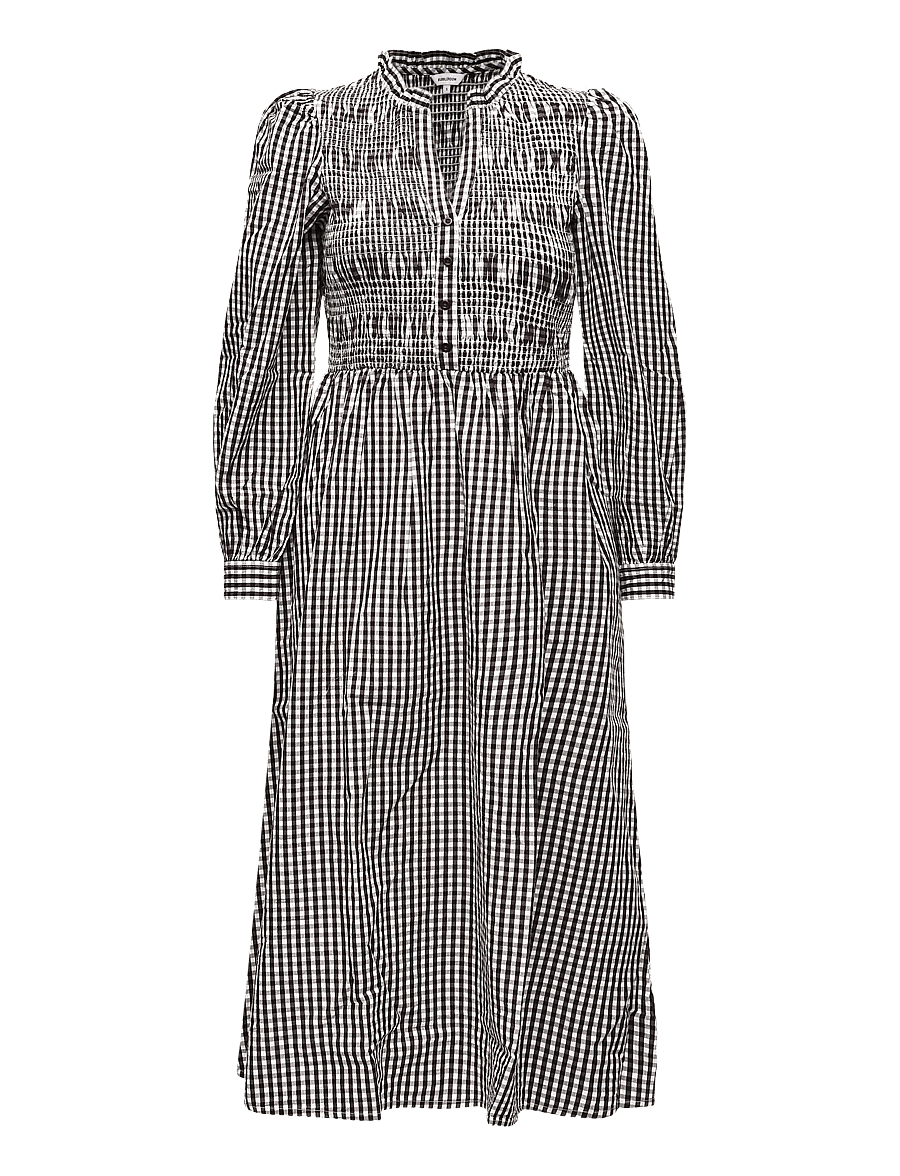 Bubbleroom - V-neck Cotton Smock Dress - suvekleidid - brown/checked - 1