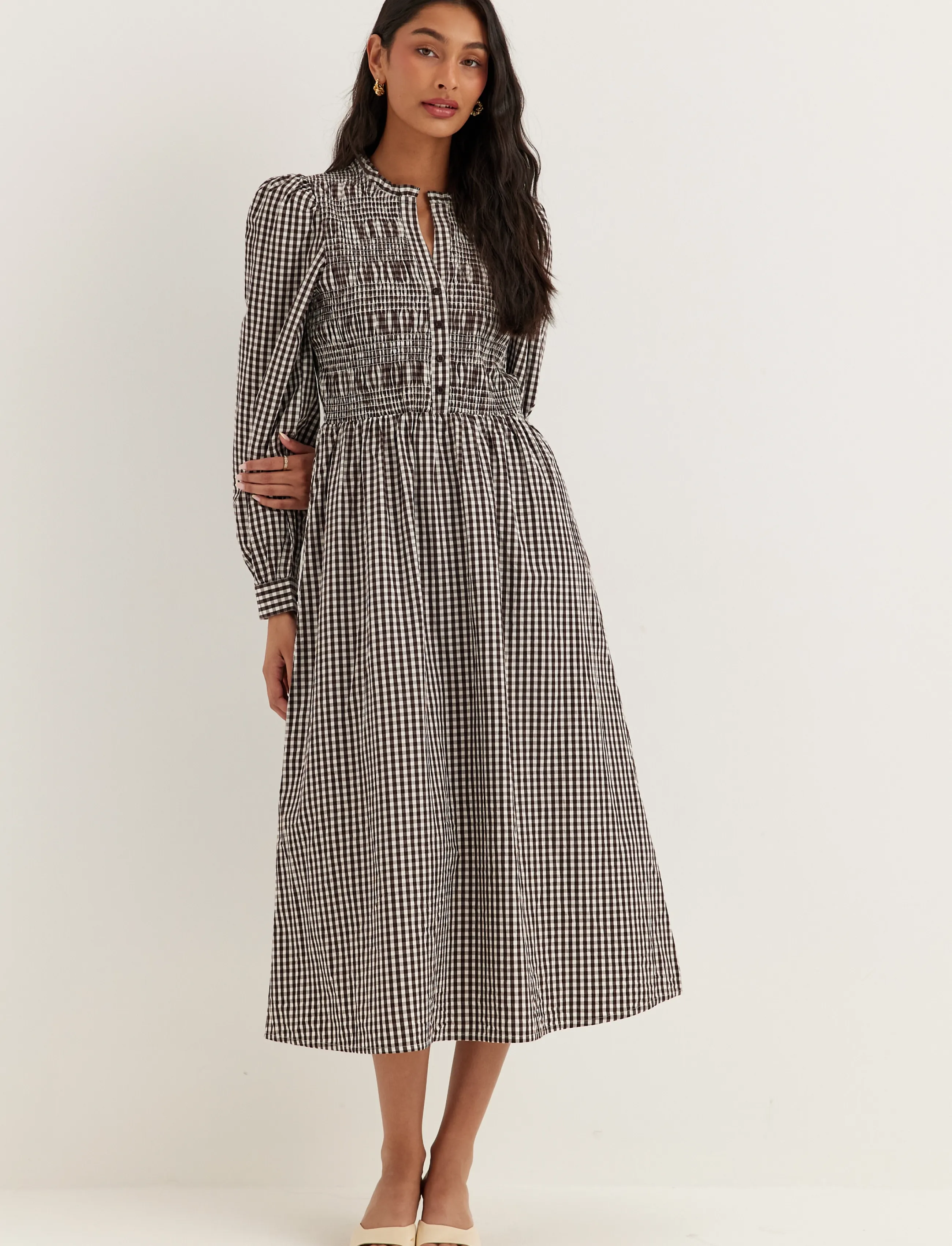 V-Neck Cotton Smock Dress