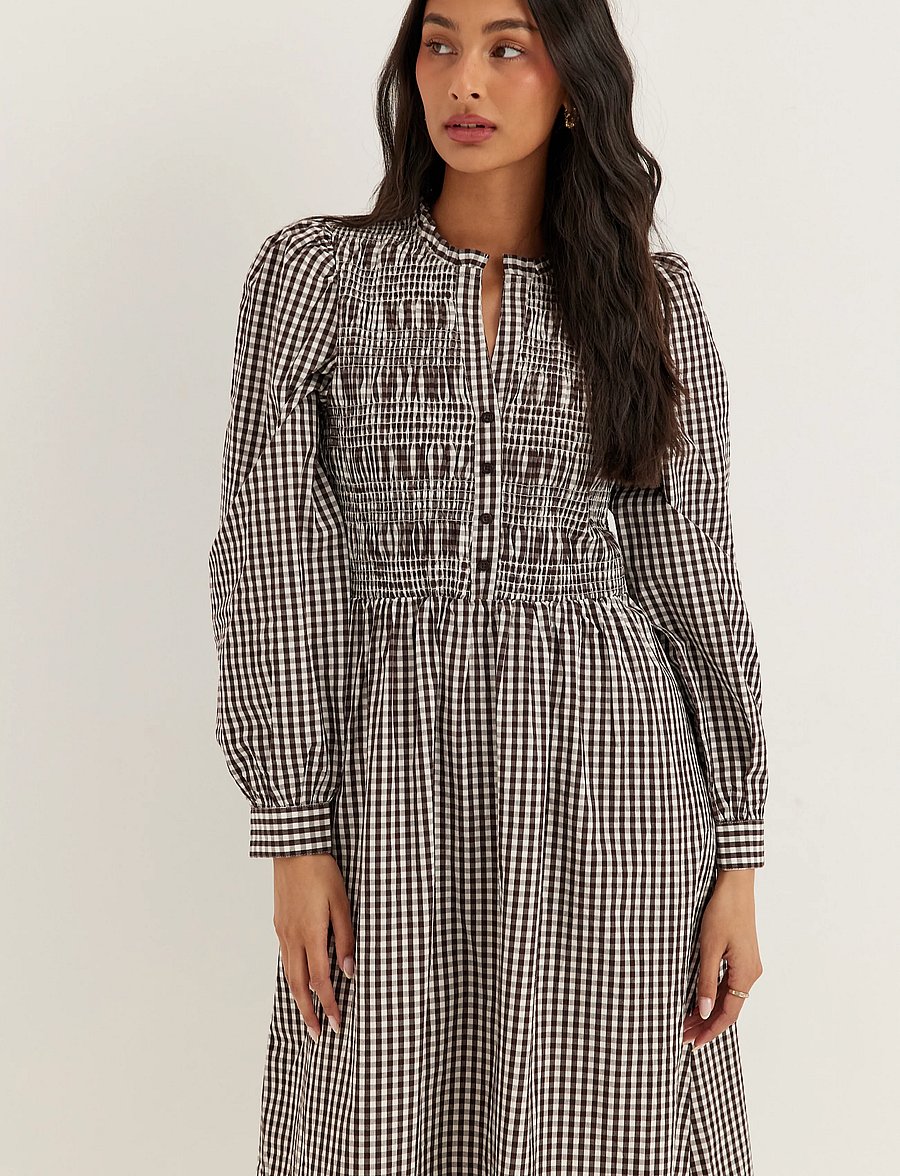 Bubbleroom - V-neck Cotton Smock Dress - suvekleidid - brown/checked - 4