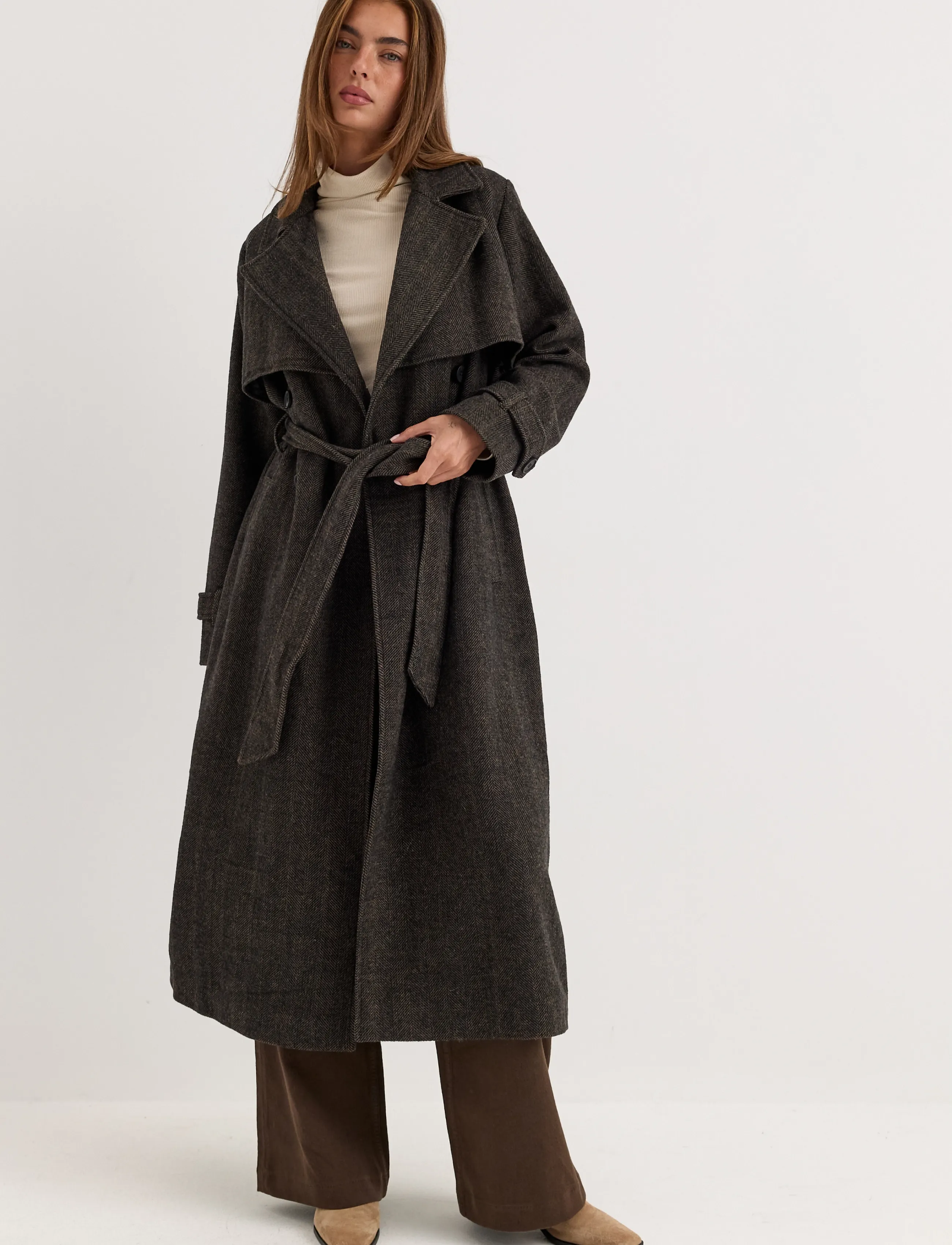 Bubbleroom Tweed Trench Coat - Trenchcoats - BLACK/BROWN / brown