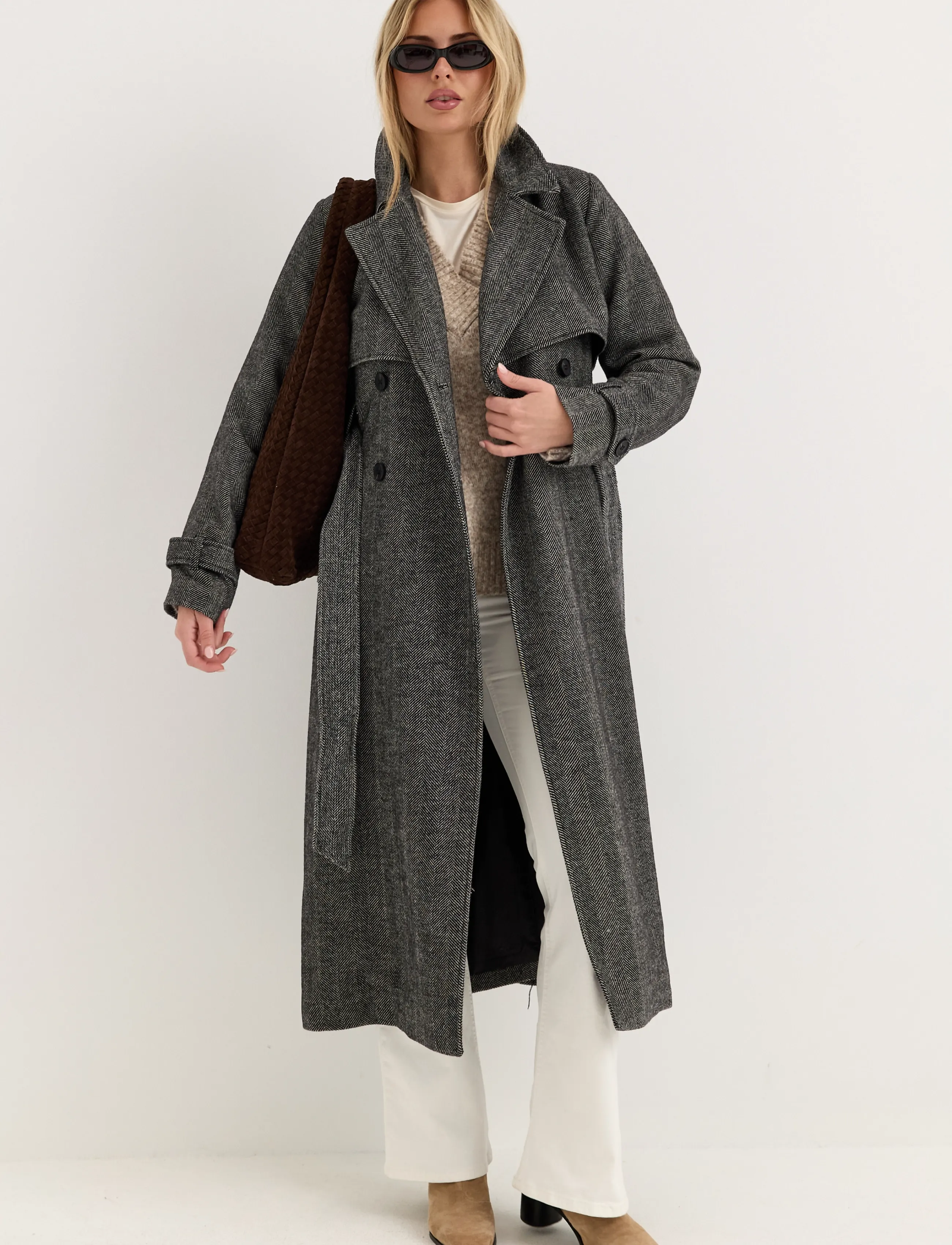 Bubbleroom Tweed Trench Coat - Vinterjakker - BLACK/WHITE / grey