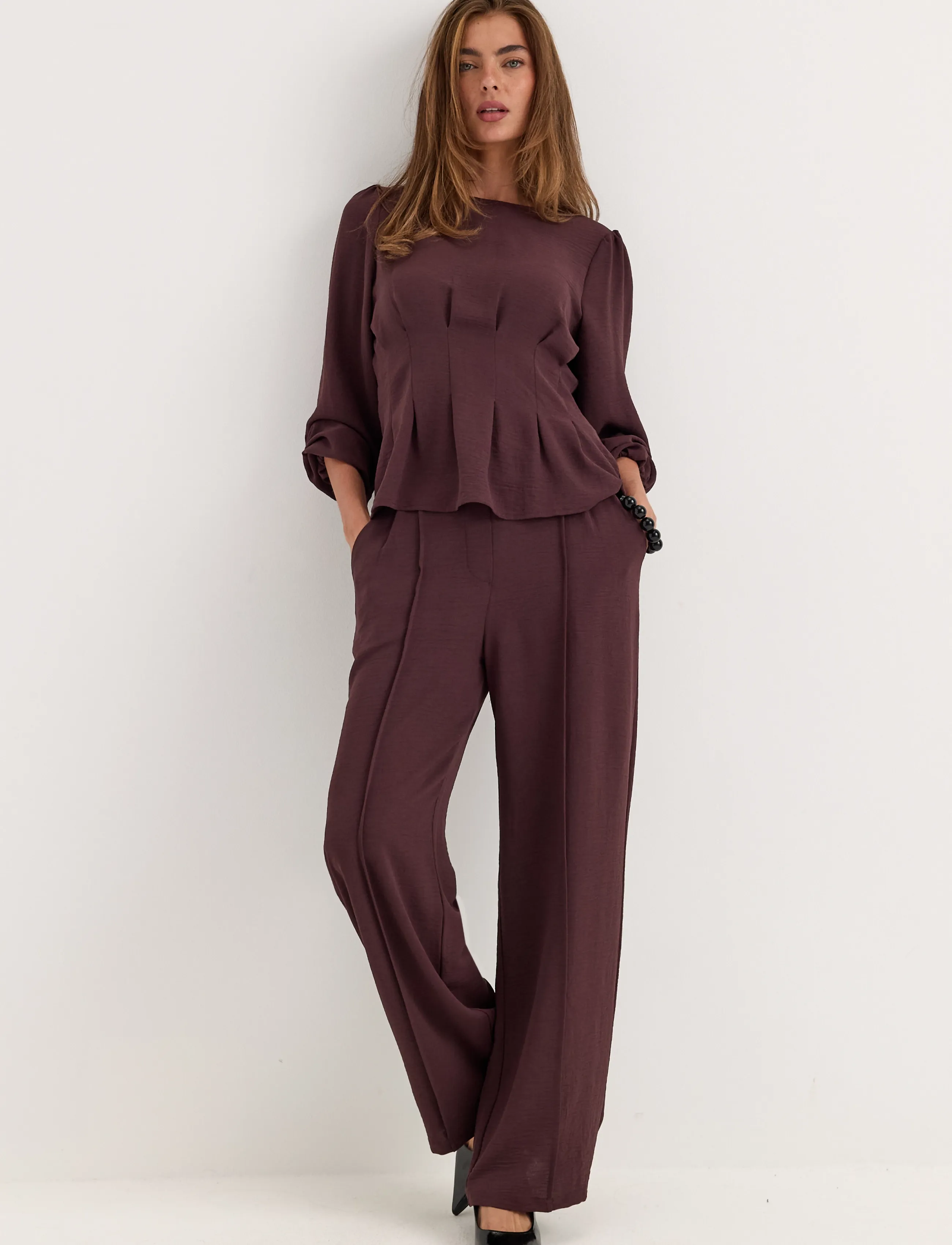 Bubbleroom - Crepe Front Seam Trousers - dark plum - 5
