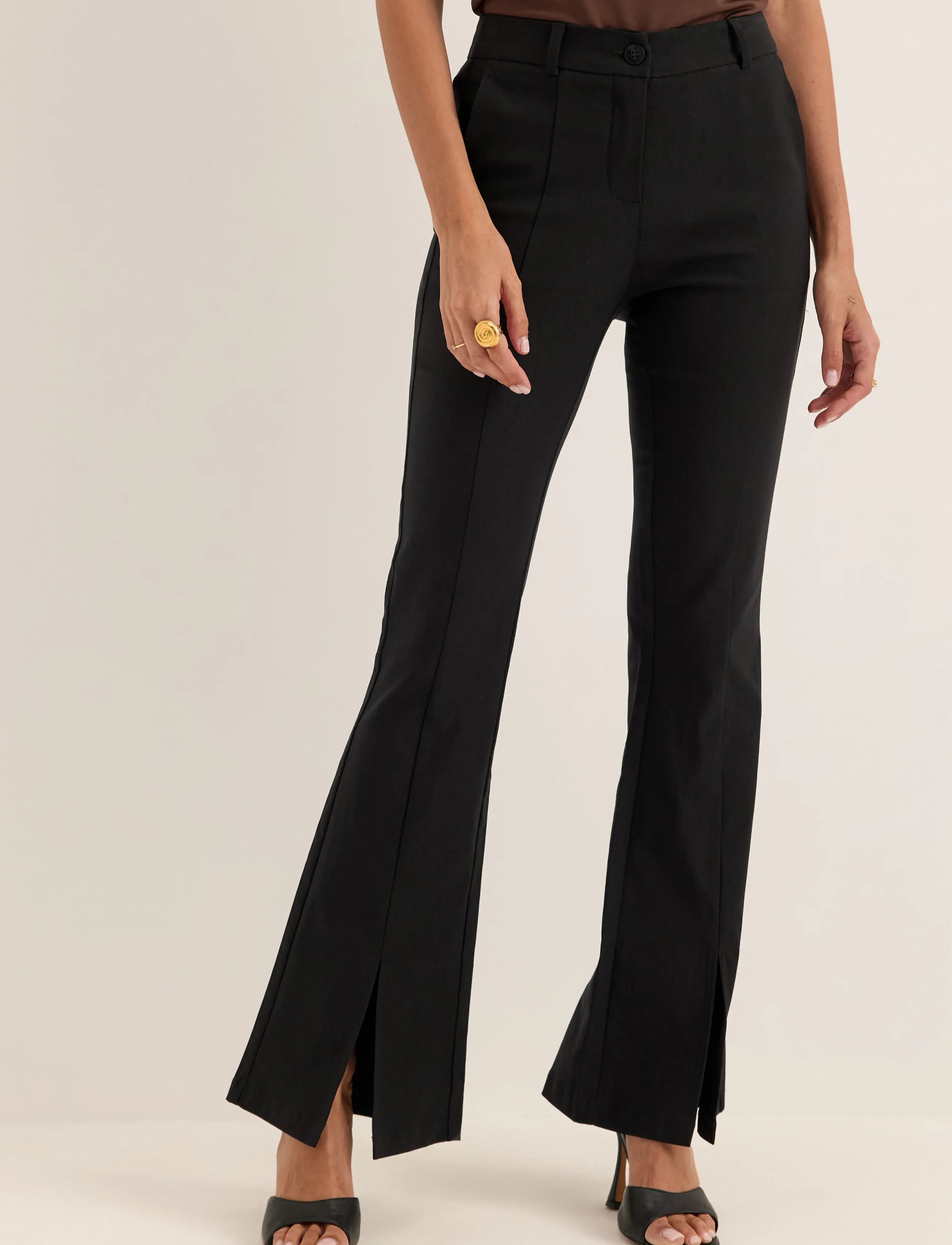 Bubbleroom Mid Waist Stretchy Flared Slit Trousers - Hosen - BLACK / black
