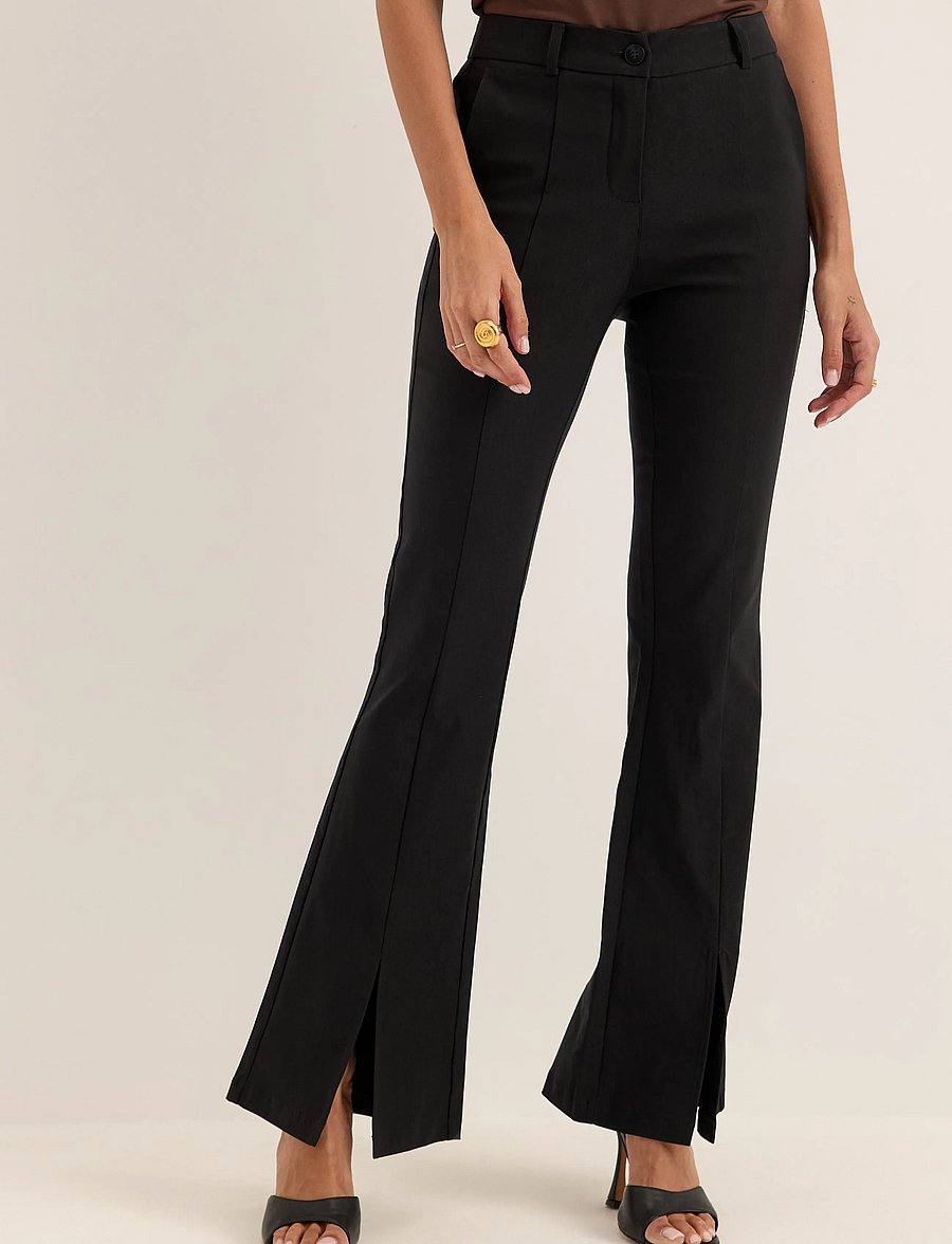 Bubbleroom - Mid Waist Stretchy Flared Slit Trousers - schlaghosen - black - 0