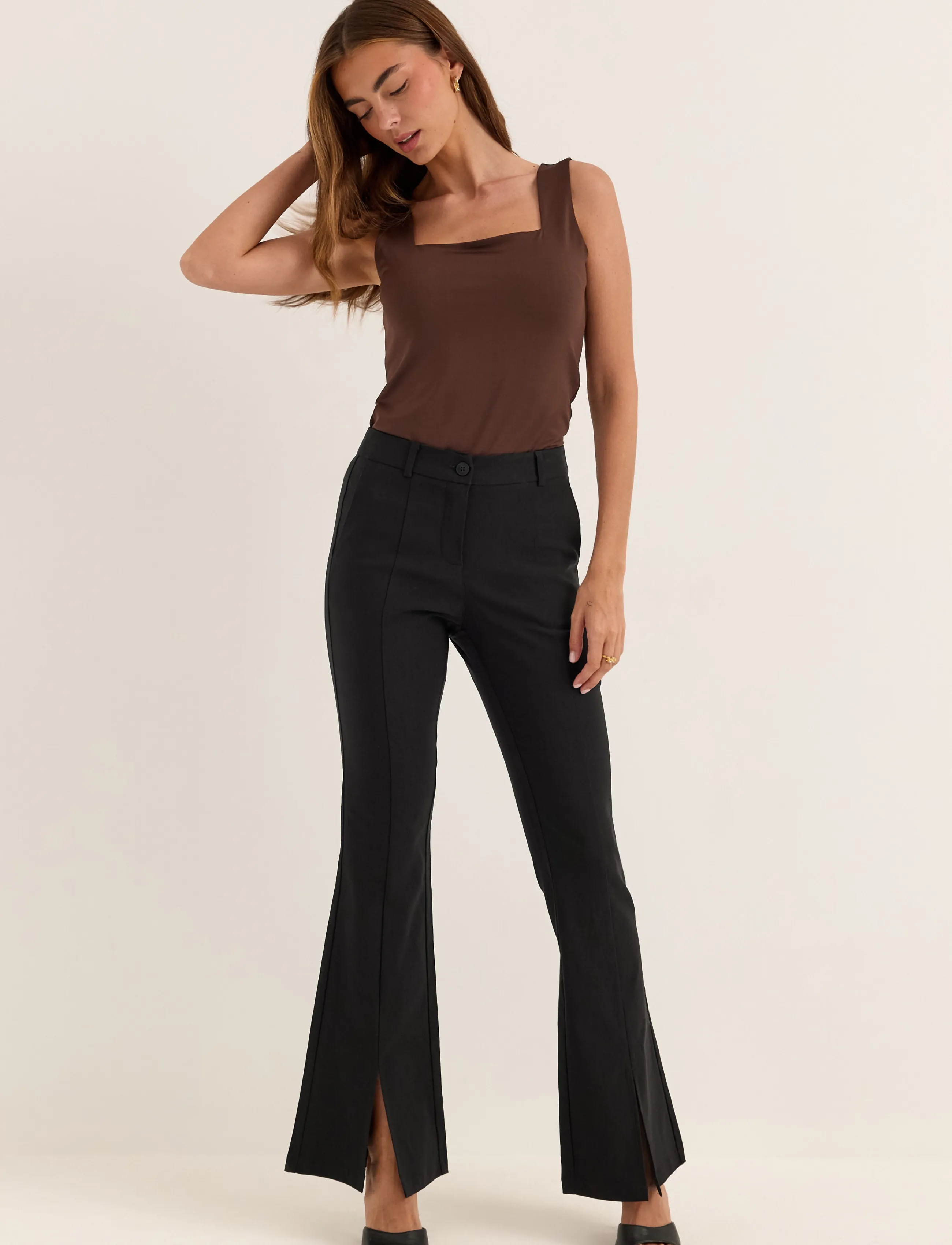 Bubbleroom - Mid Waist Stretchy Flared Slit Trousers - schlaghosen - black - 4